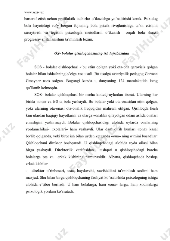 psixologik yordam ko’rsatadi. mehribonlik uylari psixologinig shaxsiy fazilatlari mehribonlik uylari shunday tarbiyaviy muassasadir-ki, ularda ishlaydigan psixolog chuqur bilimlar bilan bir qatorda ma’lum bir shaxsiy sifatlari ancha rivojlangan bo’lmog’i lozim. bunday xususiyatlar qatorida quyidagilar asosiy o’rin tutadi: 1. bolani sevish. 2. odamlarga bo’lgan qiziqish. 3. psixologik muvozanatni saqlay olish. 4. qiyinchiliklarga bardosh berish. 5. jamiyatda yashashni, nimanidir olib, nimanidir berishni bilish. 6. o’rganishni bilish. 7. realizm, hamma narsaga reallik nuqtai nazaridan qarash. 8. bolalarga yoqishni bilish. 9. o’z-o’zini yaxshi anglash va his etish. 10. ichki kuch-quvvatga ega bo’lish. 11. muloqatchan bo’lish. 12. yaxshi salomatlikka ega bo’lish. 13. optimist va hazilkash bo’lish. ota-onasi mehridan mahrum bo’lgan bolalar bilan ishlashga kirishishdan oldin psixolog o’zidan ana shu sifatlarni qidirib ko’rmog’i lozim. topsa - yaxshi! topolmasa-chi? unda izlansiz. albatta, ota-onaning chin mehriga bo’lgan chanqoqni hech qanday sun’iy yo’l bilan qondirib bo’lmaydi. psixolog esa bolalarning psixologik jihatdan normal rivojlanishini ta’minlashi kerak. turli tuman bolalar muassasalarida psixolog …