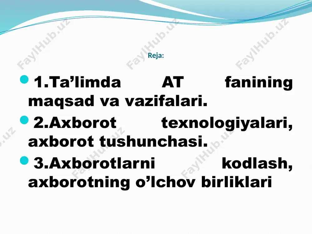 otishi mumkin bo’lgan, saqlanishi va qayta ishlanishi lozim bo’lgan jami dalil va ma’lumotlar. kitob matni, ilmiy formulalar, bank hisob raqamidan foydalanish va to’lovlar, dars jadvali, o’lchash majmualarining yer va fazo stantsiyasi o’rtasidagi masofa to’g’risidagi ma’lumotlar va hokazolar axborot bo’lishi mumkin. axborot so’zi lotincha informatio so’zidan olingan bo’lib, «tushuntirish», «tavsiflash» degan ma’noni anglatadi. u asosan, uchta muhim sifatga ega bo’lishi lozim: 1.axborot o’rganilayotgan narsa yoki hodisani har taraflama to’liq ifodalashi lozim, ya’ni axborot to’liqlik sifatiga ega bo’lishi lozim; 2.axborot ma’lum ma’noda qimmatli bo’lishi lozim , aks holda undan foydalanish extiyoji tug’ilmaydi. bu axborotning qimmatligini, sifatini ifodalaydi; 3.axborot ishonchli bo’lishi lozim. aks holda uni qayta ishlashga zarurat tug’ilmaydi. axborotlar uzluksiz yoki uzilishli turlarga ajratiladi. masalan, atrof muhitdagi ob-havo holatini yoki hozir istagan vaqtda bilishimiz mumkin. bu uzluksiz (doimiy) axborot. axborotlarni uzatish. axborotni uzatish deganda ehtiyojdan kelib chiqib, uni bir kishidan ikkinchi kishiga, yoki bir kompyuterdan ikkinchi kompyuterga turli vositalar yordamida yetkazib berish …