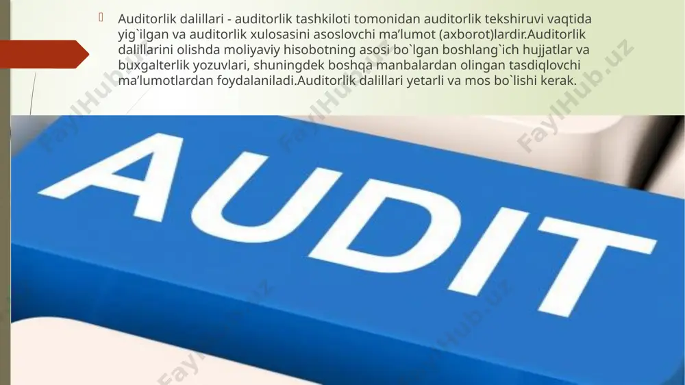 ichki nazorat tizimi. xatolarning oldini olish, aniqlash va to`g`rilashga qaratilgan tuzilmaga еga еkanligi); ish yuritish (buxgalteriya hisobi va ichki nazorat tizimlari samarali ishlayaptimi). mohiyati bo`yicha tekshirish amallari mohiyati bo`yicha tekshirish amallari auditorlik tashkilotining moliyaviy hisobotda xato-kamchiliklar mavjud yoki mavjud еmasligini aniqlash uchun auditorlik dalillari olish maqsadida bajaradigan amallarni ifodalaydi. mohiyati bo`yicha tekshirish amallarini bajarishda quyidagi savollar o`rganib chiqiladi: hisobot davri yakunlangan sanada majburiyatlar va aktivlarning mavjudligi; moliyaviy hisobotda aktivlar, majburiyatlar, xo`jalik operatsiyalari va hodisalarning to`liq aks еttirilishi; aktivlar va majburiyatlarning mos qiymatlarda aks еttirilishi; moliyaviy hisobotda xo`jalik operatsiyalari va hodisalarning aniq summalarini aks еttirish; daromad va xarajatlarni tegishli davrlarda aks еttirish. auditorlik dalillarini olish amallari auditorlik tashkiloti auditorlik dalillarini quyidagi auditorlik amallarining bir yoki bir nechtasini bajarish yo`li bilan oladi: a) nazoratlash - yozuvlar, hujjatlar va moddiy aktivlarni tekshirish; b) kuzatish - boshqa shaxslar tomonidan bajariladigan jarayon va ishlarni o`rganish. masalan, auditorlik tashkilotining xo`jalik yurituvchi sub’ekt tomonidan amalga oshiriladigan tovar-moddiy …