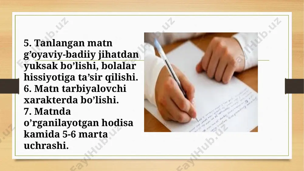 larning tagiga chizadilar. saylanma diktantda o’quvchilar diktovka qilingan gaplar yoki matnning hammasini yozmaydilar. uning o’qituvchining topshirig’iga mos qisminigina (o’rganilgan qoida asosida yoziladigan so’zlarni, so’z birikmalarini) yozadilar. masalan, bosh harf bilan yoziladigan so’zlarnigina yozish (1-sinf), qaratqich kelishigidagi so’zni u bog’langan ot bilan yoki tushum kelishigidagi so’zni u bog’langan fe’l bilan birga yozish (4-sinf) kabi. saylanma diktant o’quvchilarda imloviy ziyraklikni o’stiradi. e’tiboringiz uchun raxmat! image5.png image6.png image7.png image8.png image9.jpeg image10.png image3.png image4.png