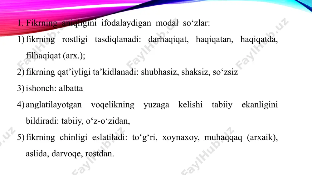 -hilp, duv-duv, pir-pir, lang, dang, hil-hil kabi. taqlid so‘zlar yakka holda, juft holda va takrorlangan holda qo‘llanadi. juft va takrorlangan taqlid so‘zlar orasiga chiziqcha qo‘yiladi. taqlid so‘zlar mustaqil so‘zlar kabi gap bo‘lagi bo‘la oladi: shamol g‘ir-g‘ir (hol) esmoqda. tovushga taqlid so‘zlar ba’zan otlashib, ko‘plik, egalik va kelishik qo‘shimchalarini qabul qiladi va ega, qaratqich aniqlovchi hamda to‘ldiruvchi vazifalarini bajaradi: odamlarning g‘ovur-g‘ovuri bosildi. yuragining duk-dukini eshitdi. chug‘ur-chug‘urning to‘xtashi amri mahol. tasdiq va inkor so‘zlar tilimizda dialogik nutqda ma’qullashni ifodalaydigan ha, xo‘p, mayli, bo‘pti kabi so‘zlar ham mavjud bo‘lib, ular tasdiq so‘zlar deb yuritiladi: - ertaga kelasizmi? – ha. xuddi shular kabi dialogik nutqda qo‘llanib, inkor ma’nosida ishlatiladigan yo‘q, mutlaqo, aslo kabi so‘zlar inkorso‘zlar deb ataladi: - bu kitob siznikimi? – yo‘q. image1.png /docprops/thumbnail.jpeg