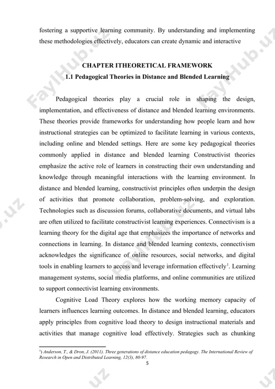 by understanding and implementing these methodologies effectively, educators can create dynamic and interactive chapter itheoretical framework 1.1 pedagogical theories in distance and blended learning pedagogical theories play a crucial role in shaping the design, implementation, and effectiveness of distance and blended learning environments. these theories provide frameworks for understanding how people learn and how instructional strategies can be optimized to facilitate learning in various contexts, including online and blended settings. here are some key pedagogical theories commonly applied in distance and blended learning constructivist theories emphasize the active role of learners in constructing their own understanding and knowledge through meaningful interactions with the learning environment. in distance and blended learning, constructivist principles often underpin the design of activities that promote collaboration, problem-solving, and exploration. technologies such as discussion forums, collaborative documents, and virtual labs are often utilized to facilitate constructivist learning experiences. connectivism is a learning theory for the digital …