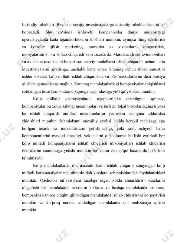 t sabablar. bevosita xorijiy investitsiyalarni aniqlaydigan raqobat sabablar iqtisodiy va siyosiy sabablar bilan uzviy bog‘liq va ulardan kam farq qiladi. qachonki siyosiy yoki iqtisodiy ustunliklar ayon bo‘lmasa unda korxona bevosita chet elga investitsiya qilishi mumkin. bunday qarorni qabul qilishni sababi odatda o‘zini mavjud yoki kutilishi mumkin bo‘lgan raqobatdan ximoya qilish bilan bog‘liq. masalan, demping yoki maxsulotlarni tan narxidan pastroq narxlarda eksport qilinishidek, foyda olib keladiganga o‘xshamasa xam kompaniyalar xalqaro bozor yoki mahsulotlarni bo‘linishini xoxlaydilar. bunday faoliyatlarni maqsadi – faoliyat ko‘rsatayotgan yoki paydo bo‘lib qolishi mumkin bo‘lgan raqobatini xonavayron qilish. bozorlar bo‘linganda, ishlab chiqarishga ketadigan xarajatlar kamayadi va narxlar ko‘tariladi. ko‘p xollarda demping noqonuniy usul xisoblanadi, uning ishlatilganligi uchun jarimalar qo‘yiladi va ulardan zarar ko‘rgan kompaniyalarga kompensatsiyalar to‘lanadi. shunday xollar xam uchrab turadiki, kompaniyalar xali vujudga kelmagan milliy ishlab chiqarishni ba’zi sektalarini rivojlanishini tezlashtirish uchun chet el raqobatchilarga qarshi proteksionistik to‘sqinliklarni o‘rnatilishi uchun xarakat qiladilar. raqobat sabablar turadigan bevosita xorijiy investitsiyalashni …
