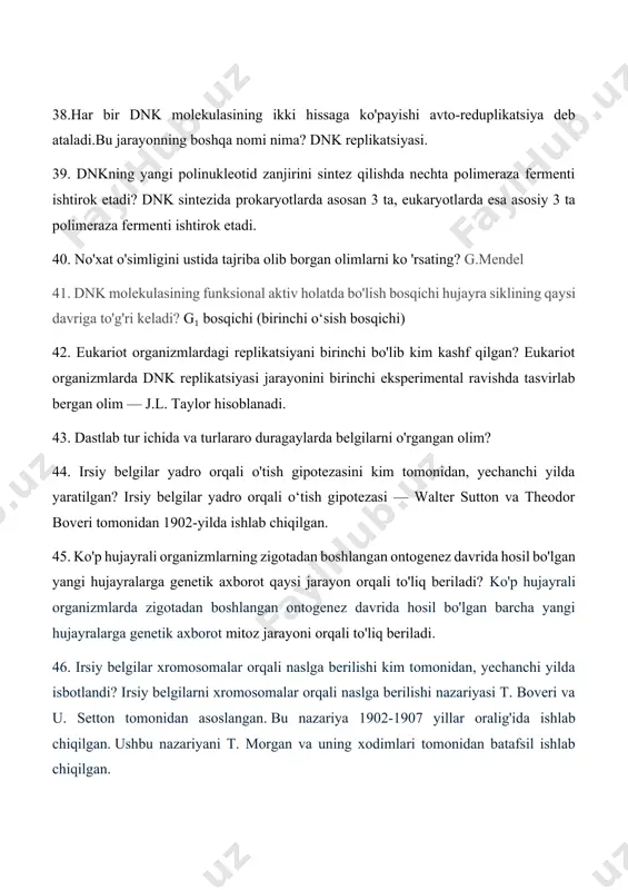 endel hisoblanadi. 48. 3'-5' yo'nalishidagi polinukleotid zanjirining sintezi uchun oldin ayrim qismlar sintezlab olinadi. bu qismlar nima deb ataladi? okazaki fragmentlari. 49. rekombinatsiya natijasida evolyutsiya o'zgarishlar uchun muhim ahamiyatga ega bo'lgan qanday oʻzgaruvchanlik yuzaga keladi? kombinativ o‘zgaruvchanlik. 50.g.a.nodson va g.s.filipovlar tomonidan fanning rivojlanishiga qanday xissa qo'shgan? ularning asosiy hissasi: sun’iy mutagenez asoschisi bo‘lish va mutatsiya tadqiqotlariga ilmiy asos yaratish. 51. rekombinatsiya dnk molekulalarining almashinuvi nima deb ataladi? genetik rekombinatsiya. 52. dnk rekombinatsiyasi haqidagi qaysi nazariya uotson va krik ishlab chiqqan modelga to'g'ri keladi? bu modelga koʻra, dnk molekulasi qoʻsh spiral hosil qiluvchi ikkita polinukleotid zanjirdan tashkil topgan va har ikkala zanjir bir umumiy oʻqqa ega. 53. genetik injeneriya nima olishga asoslangan? genetik injeneriya metodi bir organizmning noyob genlari yoki xromosomalarini boshqa organizmga ko'chirib o'tkazishga asoslangan. 54. irsiyatning moddiy asosi nima? • irsiyatning moddiy asosi - irsiyat omillari haqida oldinga surilgan farazlar ko‘p jihatdan taxminlarga asoslangan 55. sayt-spetsifik rekombinatsiyaga misol keltiring. …