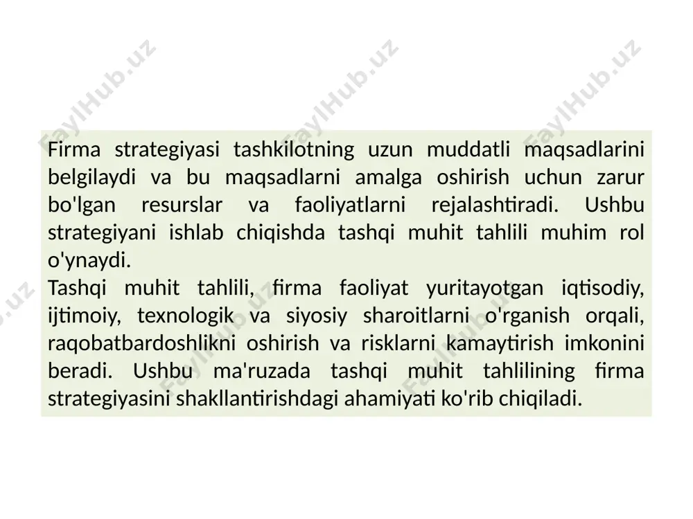 strategiyasini ishlab chiqishda ijtimoiy va ekologik omillarni hisobga oldi. ular ekologik toza mahsulotlar va xizmatlar taklif qilish orqali iste'molchilarning e'tiborini tortgan. strategiyani yaratish – bu bozorga yo’naltirilgan boshqaruv muammosi bo’lsa, uni hayotga tatbiq etish esa asosan operatsiyalarga, faoliyatga ya’ni insonlarni va xo’jalik jarayonlarini boshqarishga qaratilgan. agar muvaffaqiyatli strategiyani yaratish vaziyatni oldindan ko’rish va tarmoqni chuqur tahlil etish, hamda tadbirkorlikka tashabusskorlik bilan yondoshish bo’lsa, strategiyani muvaffaqiyatli amalga oshirish - bu rahbarning insonlarni motivlashi, ularni ehtiyojlarini qondirishi, hamda tashkilotning asosiy faoliyat turlarini va strategiyani amalga oshirishda topshiriqlarni bajarilishini ta‟minlashdir. strategiyani amalga oshirish – bu asosan menejerning tashkiliy o„zgarishlarni amalga oshirishi, xo’jalikni to’g’ri yuritishi va ishchi-xodimlarni maqsadlarni bajarishga jalb etish jarayonidir. «umuman olganda qaysi tomonga yurish kerakligini aniqlash biz uchun qiyin vazifa emas, lekin tashkilotni shu yo’nalishda harakatlantirish murakkab vazifa» deb ta’kidlaydi menejerlar. tashkilotning muvofiqlik va kelishuvchanlik darajasiga qarab, strategiyani amalga oshirish muddatlari bir necha oydan bir necha yilgacha davom etadi. strategiyani amalga …