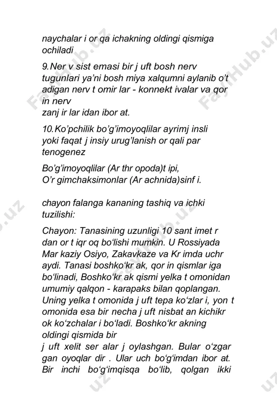 ing ikkala yon t omonida esa karapaks j abr a bo‘shlig‘ini qoplab turadi. qisqichbaqalar ayrimj insli. jinsiy dimor f izm (qar ama- qar shi j inslar ning bir - bir idan far qi) aniq dar yo qisqichbaqasining tanasi akr on (bosh qismining bir inchi segment i) va telsondan (tanasining oxir gi segment i) tashqar i 18 ta segment dan ibor at. bu segment larning har bir ida j uft o‘simt alar bo‘lib, ular turli xil vazifalarni baj ar ishga moslashgan va oshakli j ihatidan o‘zgar gan oyoqlar bo‘lib hisoblanadi. biz ularning tuzilishini, j oylanishini va baj aradi qisqichbaqaning qor in qismi 6 segment dan ibor at. shunga muvof iq unda 6 j uft oyoqlar mavj ud. bular ning eng oxir gisi- olt inchi j ufti suzgich plast inkalar yoki ur opodalar dir . ular bo‘g‘imlar ga bo‘linmagan va ancha yassilangan. ur opodalar qisqichbaqa tanasining oxir ida j oylashgan telson bilan …