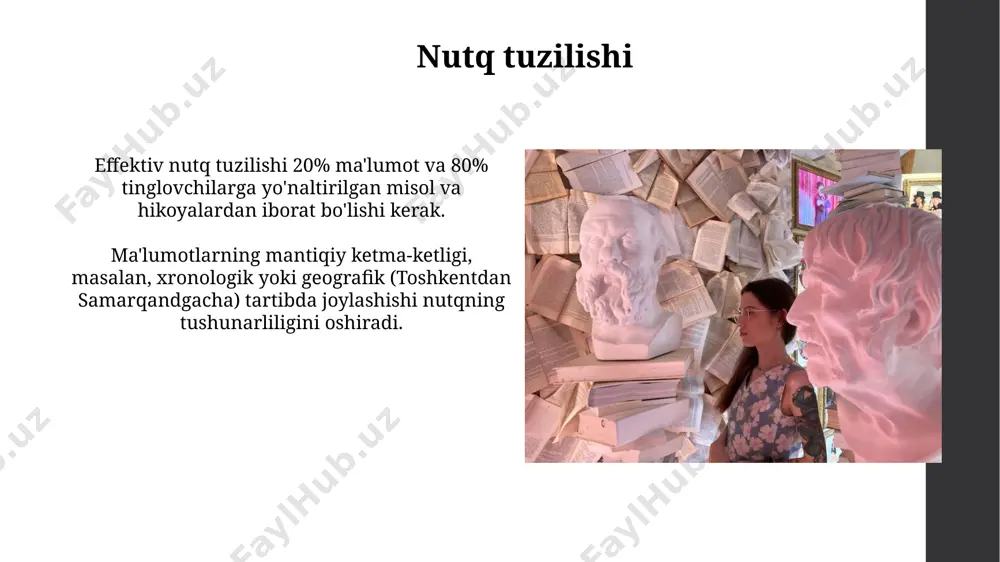 vositalaridan biri – raqamlar va statistik ma'lumotlardan foydalanishdir. masalan, 2023-yilgi jahon banki hisobotiga ko'ra, 50% aholisi ... muammosiga duch kelmoqda. mavzuga bog'liq 3-4 ta aniq va qisqa, lekin ta'sirchan tasvirlar yoki metafora yordamida auditoriya diqqatini ushlash mumkin. bu usul nutqning yorqinligi va esda qolarli bo'lishini ta'minlaydi. retorikaning axloqiy jihatlari 19-asr oxiri va 20-asr boshlarida buxoro va samarqanddagi madrasalarda retorikaning axloqiy jihatlari, xususan, so'zning ta'siri va javobgarligi masalalari 3 ta asosiy maktab tomonidan muhokama qilingan. rossiyaning 18-asrlik ma'rifiy adabiyotlarida retorika va axloq o'rtasidagi bog'liqlik, xususan, munozarada haqiqatni himoya qilishga 7 ta asosiy talab belgilab berilgan. retorikaning tarixi miloddan avvalgi 5-asrda, qadimgi yunonistonda, ritorika fanining asoslari aristotel, isocrates va boshqa faylasuflar tomonidan 3 ta asosiy qismga bo'linib o'rganila boshlangan. ritorikaning rivojlanishi davomida, 15-asrda uyg'onish davrida evropada 5 ta asosiy ritorika maktablari paydo bo'lib, ularning har biri o'ziga xos uslub va tamoyillarni ishlab chiqdi. e'tiboringiz uchun rahmat @taqdimot_robot image1.jpg image2.jpg image3.jpg image4.jpg image5.jpg …