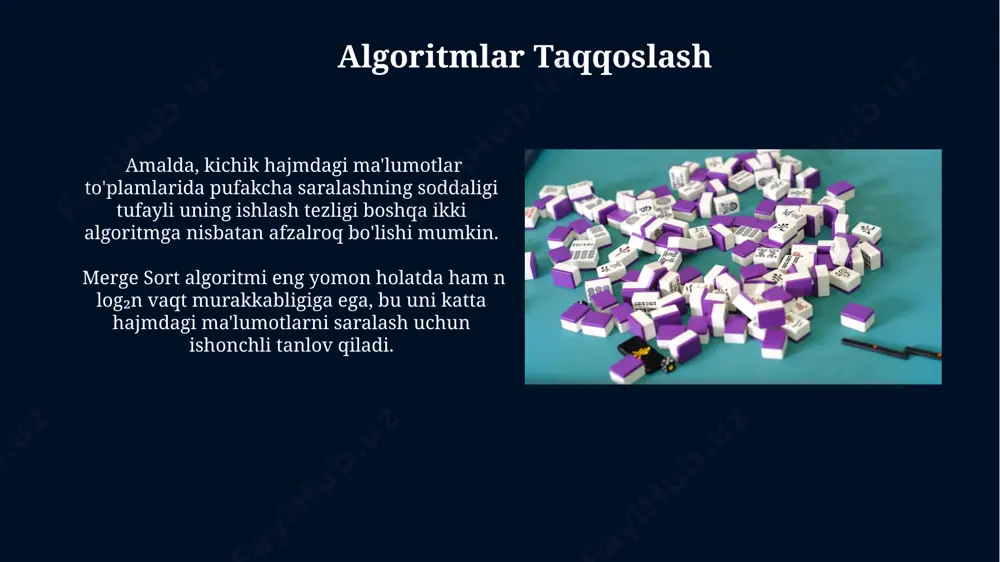 un qo'shimcha xotira sarfini talab qilmaydi, shuning uchun uning xotira murakkabligi o(1) ga teng. savol-javoblar "savol-javoblar" bazasida 5000 dan ortiq noyob so'zlar va atamalar uchraydi, bu esa uning keng qamrovliligini ko'rsatadi. "savol-javoblar" bo'limida o'rtacha 15 ta savol va ularga tegishli javoblar mavjud bo'lib, foydalanuvchilarning 80% i ma'lumotni 2 daqiqadan kamroq vaqt ichida topishgan. birlashtirish sortish (merge sort) birlashtirish tartibi eng yomon holatda ham, o'rtacha holatda ham o(n log n) vaqt murakkabligiga ega, bu uni katta ma'lumotlar to'plamlarini tez va samarali tartiblash uchun juda mos qiladi. u qo'shimcha xotira sarfini talab qiladi. birlashtirish tartibi (merge sort) rekursiv algoritm bo'lib, ro'yxatni ikkiga bo'lib, har bir qismini alohida tartiblaydi va keyin tartiblangan qismlarni birlashtiradi, bu o(n log n) vaqt murakkabligiga ega. grafiklar va jadvallar grafiklarda har bir saralash algoritmining (pufakcha, tezkor va birlashtirish) o'rtacha va eng yomon holatdagi bajarilish vaqti, 1000, 10000 va 100000 elementli massivlar uchun solishtirilgan holda ko'rsatilishi mumkin. jadvalda algoritmlarni …