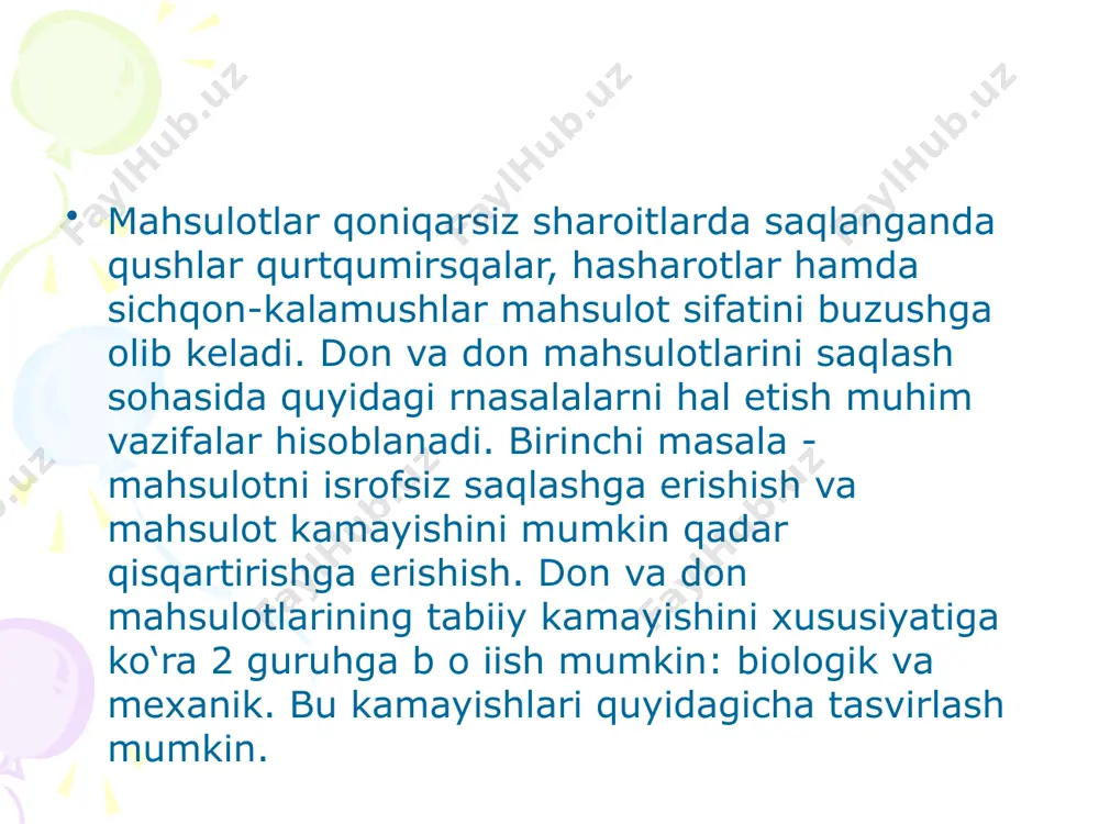 a-omborxona bir qatorda; b-omborxona ikkita paralel qatorda; v-omborxonalarni noriya minoralari yordamida yuklash va bo`shatish sxyemasi; 1-sob; 2-don quritgich utxonasi; 3-qabul qilish qurilmasi; 4-tyemir yo`l o`qi; 5-konveyr ayvoni; 6-reversiv konveyrli er usti ayvoni; 7-noriya minorasi; 8-reversiv konveyr; 9-omborxona usti konveyrlari;10-omborxona osti konveyri. tayyorlov korxonalarida sanoatda qayta ishlashga mo`ljallangan makkajo`xori bilan ishlashga mo`ljallangan mob – 1sj yanchish – tozalash minoralari ham qurildi. mob – 1sj balandligi 14 m bo`lgan texnologik va transport jihozlarga ega bo`lgan besh qavatli binodan iborat; dsp – 320 t don quritgichi minora bilan yonma – yon joylashgan. kerakli hollarda makkajo`xori so`talari yanchilmasdan, to`g’ridan – to`g’ri faol shamollatish qurilmalariga ega bo`lgan omborxonaga (bostirmaga) yuboriladi. keyin so`talar omborxonadan yanchishga yuboriladi. e`tiboringiz uchun rahmat! image6.jpeg image7.jpeg image8.png image9.jpeg image10.jpeg image11.jpeg image12.wmf oleobject1.bin image13.jpeg image14.jpeg image15.jpeg image16.png image17.jpeg image18.png image19.png image20.png image21.jpeg image2.jpeg image3.jpeg image4.png ( ) g ú û ù ê ë é - ÷ ø ö ç è æ + …