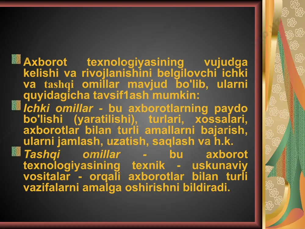 a tuplanishini talab etadi. bu maksadda mukammalrok tizimlar inson mulokotining urnini bosa olmaydi, lekin ular ishtirokining samarasini tashkil kilishga va ijodiy faoliyatni avtomatlashtirishga imkon yaratadi. videokonferensiyalar masofadagi vizual gurux mulokotini tashkil etishda, majlis, ta’lim utkazishlarning eng yangi axborot texnologiyasidir. bu texnologiya muassasa devorlari va masofalar bilan bir - biridan bulingan kuplab shaxslarni bir vaktning uzida mulokotiga imkon beradi. zamonaviy axborot texnologiyalarining texnik va dasturiy vositalari. kundalik hayotimizda turli ko’rinishdagi axborotlar masalan, matnli, grafikli, jadvalli, ovozli(audio), rasmli, tasvirli(video) va boshqa axborotlar bilan ishlashga to’g’ri keladi. axborot texnologiyasi biror obyekt, jarayon yoki hodisaning holati haqidagi axborotlarni to’plash, qayta ishlash va uzatishni amalga oshiruvchi jarayondir. zamonaviy axborot texnologiyalari–shaxsiy kompyuterlar va telekommunikasiya vositalaridan foydalanilgan holdagi zamonaviy muloqotni o’rnatuvchi axborot texnologiyasi hisoblanadi. har bir turdagi axborot bilan ishlash uchun har xil texnik tavsifnomalarga ega bo’lgan axborot qurilmalari kerak bo’ladi. bu axborot qurilmalari zamonaviy axborot texnologiyalarining texnik ta’minotini tashkil qiladi. zamonaviy axborot texnologiyalarining asosiy texnik vositalari …