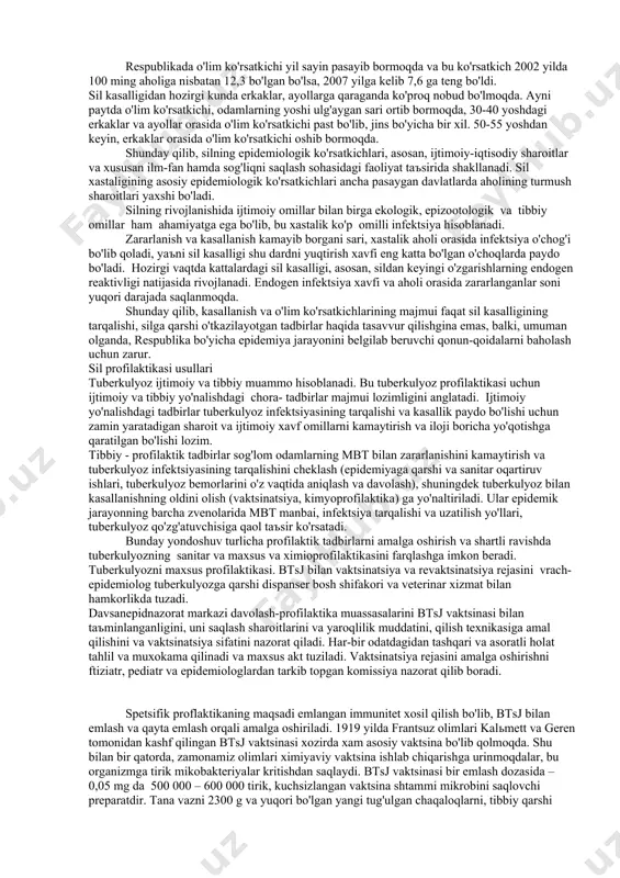 davlatlarda, mantu sinamasi emlangandan keyingi allergiya hisobiga uzoq vaqt musbat bo'lishi mumkin. shu sababli, zararlanganlik ko'rsatkichi haqiqiyligi tuberkulin sinamasini 3 yil davomida qo'yish yo'li bilan aniqlanadi. chunonchi, har yili zararlanish xavfi ko'rsatkichi va sil bilan kasallanish o'rtasida muayan bog'liqlik bor. masalan, har yili zararlanish 1 foiz bo'lganda, rivojlangan mamlakatlarda o'pka sili bilan kasallanish 100 ming aholiga nisbatan olganda 50 kishini tashkil etadi. agar yiliga zararlanish 1 foizdan ortiq bo'lsa, kasallanish xavfini yuqori deb, 1 foizdan kam bo'lsa kasallanish xavfini kam deb hisoblash kerak. shuning uchun hisoblab chiqilganidek, bir yilda bitta batsillyar bemor 10-12 nafar kishini silga chalintirishi mumkin. sil mikobakteriyalari bir oy mobaynida 30 ta regeneratsiya hosil qiladi va bitta mikobakteriya hosil bo'lishi uchun qariyb 20 soat vaqt talab qilinadi. odatda, uncha katta bo'lmagan shahar va qishloq joylarida zararlanish katta shaharlardagiga qaraganda kamroq kuzatiladi, lekin bu joylarda zararlanish juda kamayib ketadi deb o'ylamaslik kerak. rivojlangan davlatlarda zararlanishning yil sayin kamayib …