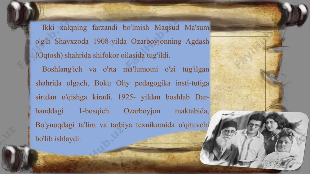 arlar yozibgina qolmay, adabiyotshunoslik va adabiy tanqid sohasida samarali ijod qilgan. ayniqsa, uning buyuk mutafakkir alisher navoiy ijodi va faoliyatini o'rganishga bag'ishlangan jiddiy tad-qiqotlari navoiyshunoslik fanini yangi taraqqiyot bosqi-chiga olib chiqdi, desak yanglishmaymiz. shuningdek, zabardast olimimiz o'zbek mumtoz va zamonaviy adabi­yotning bobur, muqimiy, furqat, oybek, g'afur g'ulom, hamid olimjon, xalq og'zaki ijodining ajoyib vakili fo-zil shoir, jahon adabiyotining nizomiy ganjaviy, shota rustaveli, a.s. pushkin, n.a. nekrasov, a.n. ostrovskiy, t.g. shevchenko, a.p. chexov kabi namoyandalariga bag'ishlangan asarlar yaratgan. shayxzoda mohir tarjimon sifatida sh. rustaveli, v. shekspir, a.s. pushkin, m.y. lermontov, nizomiy, fuzuliy, mirza fatali oxundov, ezop, esxil, gyote, bayron, mayakovskiy, nozim hikmat va boshqa yozuvchilaming asarlarini o'zbek tiliga tarjima qilgan. image1.jpg image2.jpeg image3.jpg image4.jpeg image5.jpeg image6.jpeg image7.jpeg image8.jpeg image9.jpeg image10.jpeg image11.jpeg image12.png