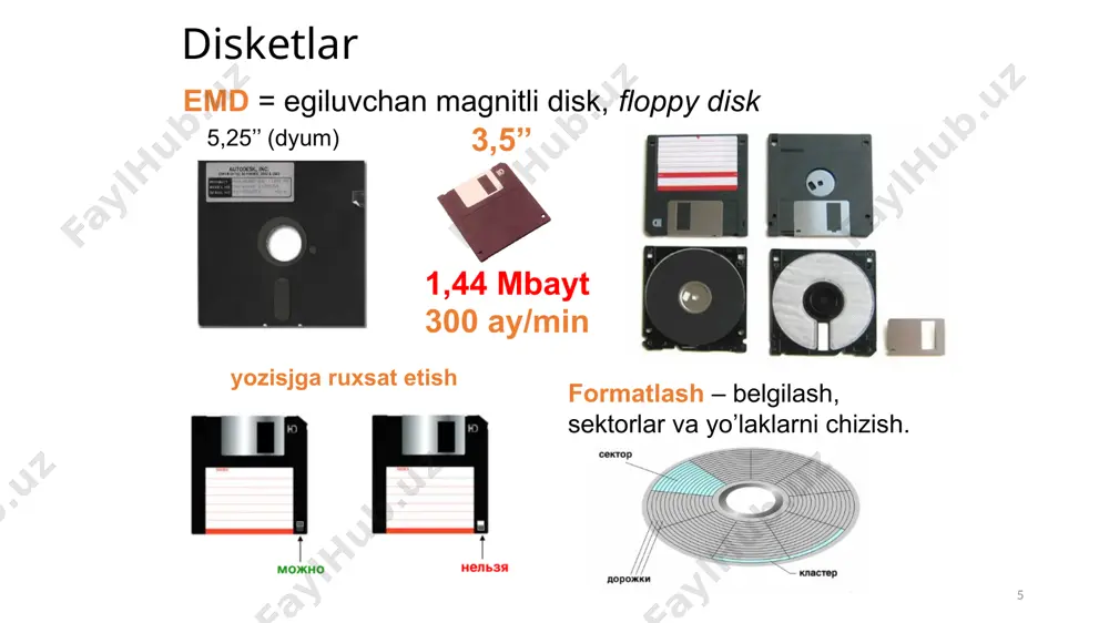 imkoni bo’lmasligi mumkin. bu ikkala muammoni ham – bir nechta fizik disklarni bitta mantiqiy diskka birlashtirib ma’lumotlarni virtual saqlash texnologiyasi bo’lgan raid (redundant array of independent disks —mustaqil disklarning ortiqcha massivi) texnologiyasi bilan hal qilinadi. tanlangan raid spetsifikatsiyasiga bog’liq ravishda o’qish/yozish tezligi va/yoki ma’lumotlarning yo’qolishidan himoya darajasi oshirilishi mumkin. raid spetsifikatsiyasi darajalari quyidagicha: 1, 2, 3, 4, 5, 6, 0. bundan tashqari: 01, 10, 50, 05, 60, 06 kombinatsilari ham mavjud. bu ma’ruzada eng keng tarqalgan raid massivlari qaraladi. lekin, boshidan aytish kerakki, apparat va dasturiy raid-massivlar mavjud. 33 apparat va dasturiy raid-massivlar • dasturiy massivlar operatsion tizim o’rnatilgandan so’ng dasturiy mahsulotlar va utilita dasturlari yordamida yaratiladi, bu esa bunday disk massivlarining asosiy kamchiligi hisoblanadi. • apparatli raid lar operatsion tizimni o’rnatishdan oldin disklar massivi yaratadi va unga bog’liq emas. shubhasiz, aynan apparatli raid dan foydalanish tavsiya etiladi. raid-massivlarining asosiy turlarini ko’rib chiqamiz. 34 raid 1 raid 1 («mirror» — …