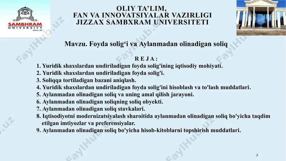 alarda yaratilgan qo'shimcha qiymatning bir qismi foydani qonun doirasida belgilangan chegaralarda majburiy to'lov sifatida davlat byudjeti ixtiyoriga o'tkazilishi bilan bog'liq pul munosabatlari tushuniladi. 4 oliy ta’lim, fan va innovatsiyalar vazirligi jizzax sambxram universiteti 1. yuridik shaxslardan undiriladigan foyda solig'ining iqtisodiy mohiyati. amaliyotda soliq qonuniyatlaridan kelib chiqqan holda foyda solig'i deganda korxona, tashkilot va birlashmalaming ishlab chiqarish faoliyatidan qo'lga kiritilgan foydasidan tashqari qimmatli qog'ozlar operatsiyalarida (aksiya, obligatsiyalarini chiqarish va joylashtirishdan olgan devidendlar yoki foizlar ko'rinishidagi daromadlar) daromadlar, shuningdek, boshqa korxonalar faoliyatiga qatnashishdan qo'lga kiritilgan daromadlar ham e'tiborga olinadi. foyda solig'i korxonalar to'laydigan bevosita (to'g'ri) soliqlaming eng muhimlaridan biri hisoblanadi. ushbu soliqning xarakterli xususiyatlari quyidagilardan iborat: «ushbu soliq faqatgina korxona soliqqa tortiladigan daromadga (foydaga) ega bo'lsagina hisoblanadi, korxonaning zarari soliqqa tortiladigan bazadan kichik bo'lganda ushbu soliq mavjud bo'lmaydi. demak, daromad (foyda) solig'ini to'lashning muhim sharti bo'lib korxonalaming rentabelli ishlab o'z faoliyatlaridan foyda olishlari hisoblanadi; 5 oliy ta’lim, fan va innovatsiyalar vazirligi jizzax …