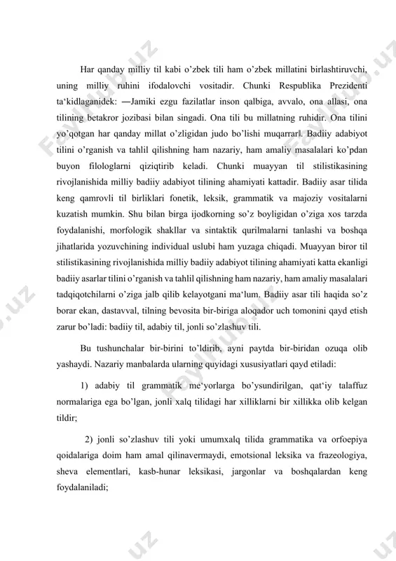 sb-hunar leksikasi, jargonlar va boshqalardan keng foydalaniladi; 3) badiiy til esa jonli so’zlashuv tiliga asoslangan, adabiy til bilan chambarchas bog’langan, hammaga tushunarli bo’lgan, «so’z ustalari tomonidan pardozlangan, sayqal berilgan poetik tildir». ishning maqsadidan kelib chiqib, faqat badiiy til, ya‘ni badiiy asar tili doirasida fikr yuritamiz. «chunonchi, yozuvchi hayotiy voqea-hodisalarni tasvirlab, obraz yaratar ekan, u so’zlashuv tili boyliklaridan, jonli tildagi sheva va kasb-hunarga oid til birliklaridan ham, adabiy til normalaridan ham keng foydalanadi». demak, ijodkorning til birliklaridan o’ziga xos tarzda foydalanishi, morfologik shakllar va sintaktik qurilmalarni tanlashi va boshqa jihatlarida yozuvchining individual uslubi ham yuzaga chiqadi. badiiy asar tilining badiiy-estetik vazifalari tilshunoslikning nazariy tomonlari bilan bog’liq holda tadqiq qilinar ekan, keyingi paytda iste‘molga kirib kelgan lingvopoetika atamasini qo’llash o’rinli hisoblanadi. chunki, «lingvopoetik tahlil jarayoni faqat yozuvchining tili va uslubi haqida ma‘lumot berish bilan chegaralanmaydi, balki asar yaratilgan davr tilining o’ziga xosligi, yozuvchining so’z boyligi, til vositalaridan foydalanish usullari, badiiy tasvir vositalarining …