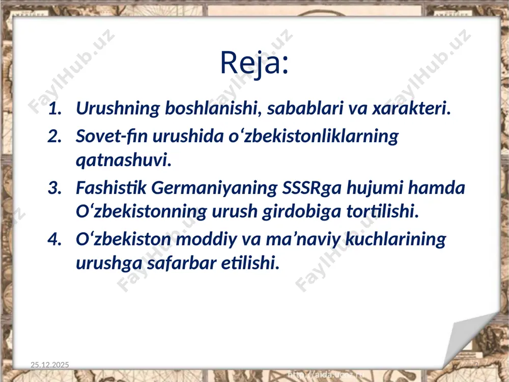lishiga qaramay, to‘satdan sssrga bostirib kirdi. sovet ittifoqi xalqlari uchun og‘ir sinovlardan iborat urush boshlandi. 18.02.2019 7 urush butun mamlakat xo‘jaligi, uning hayotini tubdan o‘zgartirib yubordi. 1941-yil 30-iyunda sssr xks raisi va vkp(b) mk bosh sekretari i.v.stalin raisligida davlat mudofaa qo‘mitasi (dmq)ning tuzilishi bilan mamlakatdagi butun siyosiy, harbiy va xo‘jalik hokimiyati uning qo‘liga o‘tdi. 18.02.2019 8 i.v.stalin kompartiyasi markaziy komitetining birinchi sekretari usmon yusupov o‘zbekistonliklarni fashizmga qarshi kurashga safarbar qilishga bosh-qosh bo‘ldi. 18.02.2019 9 usmon yusupov uzoq davom etgan urush qiyinchiliklari o‘zbekiston mehnatkashlarini ham og‘ir ahvolga soldi. o‘zbekiston moddiy va ma’naviy kuchlarining urushga safarbar etilishi har kuni frontga jo‘nash istagi bilan harbiy komissarlikka kelib turgan arizalar oqimi o‘zbekistonliklarning milliy vatanparvarlik ruhi yuksakligining yaqqol namunasi bo‘ldi. 18.02.2019 10 arxiv hujjatlarining dalolat berishicha, urushning dastlabki kunlarida respublikaning shahar va tuman harbiy komissarliklariga ko‘ngillilardan 14 mingdan ortiq ariza tushgan. o‘zbekiston aholisi an’anaviy vatanparvarligining ajoyib namunalaridan biri frontga umumxalq yordami ko‘rsatish edi. o‘zbekistonliklar urushning …