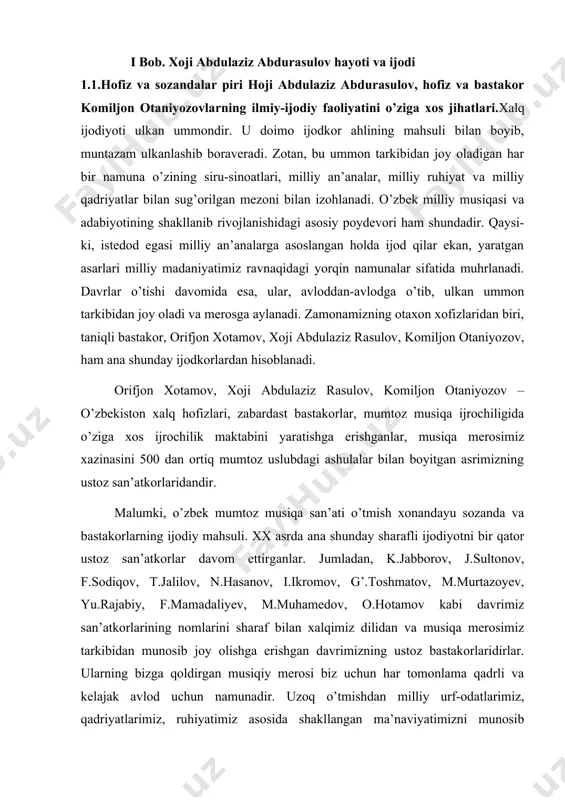 tgan. ayniqsa, alishe’r navoiy, maxtumquli, yassaviy, mashrab, xaziniy, lutfiy, ogahiy, huvaydo, s.abdullo, salohiy kabi g’azal bo’stoni namoyondalarining asarlariga o.hotamov qayta-qayta murojaat etganining guvohimiz. bastakorning ijodida zamondoshi, safdoshi, do’sti hamda ustozi bo’lgan chustiy domlaning ijodiy namunalari alohida ahamiyat kasb etgan. nabixon xo’jayev chustiy domla, mutafakkir shoir, g’azal bo’stonining sultoni alishe’r navoiy boshlab sarbonlik qilgan o’zbek g’azaliyotidagi zabardast namoyandalar – sobir abdullo, habibiy, charxiy domlalar qatoridan joy olgan xx asr o’zbek she’riyatining yorqin namoyandasi – so’z san’atkoridir. u kishi o’zining xalqona va betakror ijodiyoti bilan ma’naviy merosimizga ulkan hissa qo’shgan, g’azalnavis shoirlar an’analari xx asrda davom ettirishga muyassar bo’lgan kamtarin insondir. domlaning ijodkorlaridan bahramand bo’lmagan insonni o’zini topish ancha mushkul. ayniqsa, hofizu-bastakorlar orasida shoir g’azallarini kuylamagan yoki kuy bastalamagan ijodkorlar bo’lmasa kerak. chunki, chustiyning har bir g’azalida go’yoki, musiqiy ohang mujassamlangan. g’azalni qiroat bilan o’qishingizni o’zida yashiringan ohang o’zini namoyon etadi. shu bois shoir ijodiyotiga yosh va keksa avlod namoyondalari muntazam murojaat …