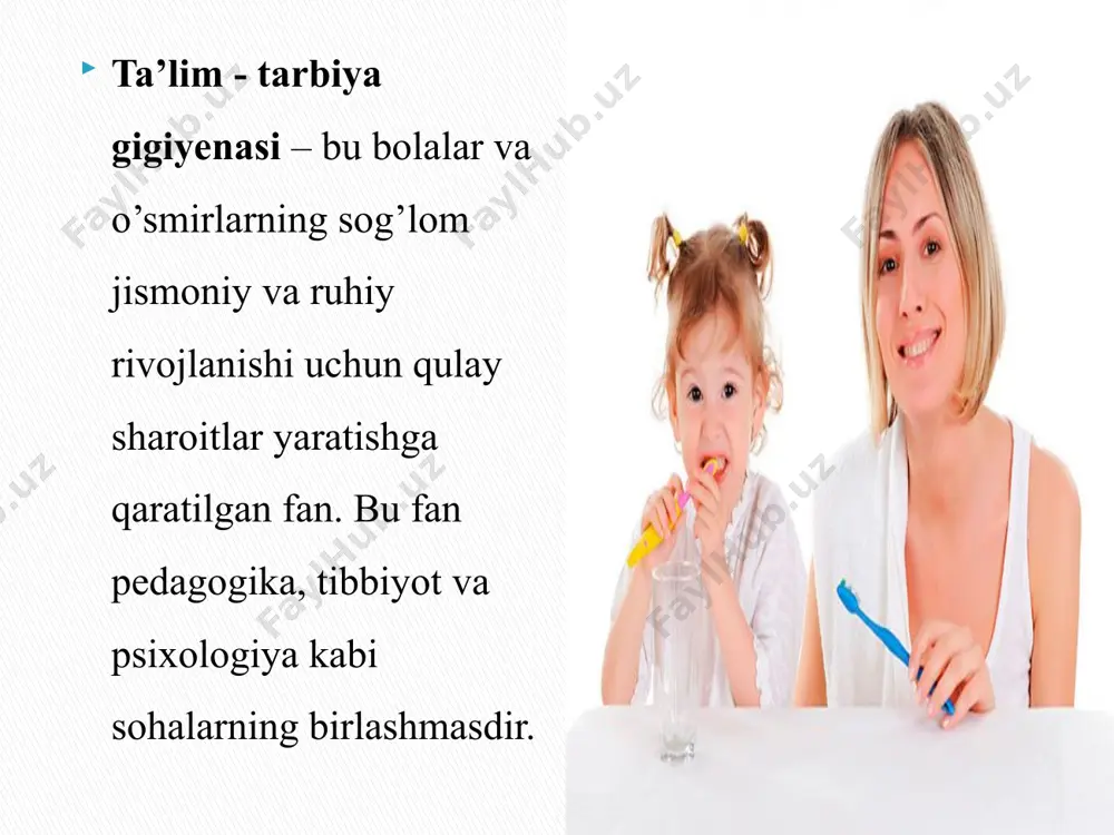 yidagi choralarni ko’rish kerak: -o’quvchilarning jismoniy faollik darajasini oshirish uchun maktablarda sport turlarini rivojlantirish, jismoniy tarbiya mashg’ulotlarining sifatini yaxshilash, o’quvchilarni ochiq havoda o’ynashga rag’batlantirish. -o’quv yuklamasini optimallashtirish, o’quvchilarning individual xususiyatlarini hisobga olish, test sinovlarining sonini kamaytirish, o’quv jarayonini diversifikatsiya qilish. ta’lim-tarbiya gigiyenasi quyidagi masalalarni o’z ichiga oladi: 1. o’quv tarbiya muhitining gigiyenasi 2. o’quv jarayoning gigiyenasi 3. jismoniy tarbiya va sport gigiyenasi 4. shaxsiy gigiyena 5. psixologik muhit gigiyenasi 6. sog’liqni saqlash profilaktikasi image2.jpeg image3.jpeg image4.gif image5.jpeg image6.jpeg image1.jpeg