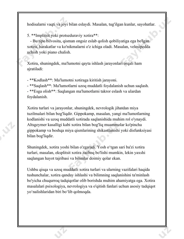 hajmi va sifati sezilarli darajada pasayishi mumkin. shu bilan birga, ba'zi tadqiqotlar o'rtacha darajadagi stress xotirani yaxshilashi mumkinligini ko'rsatadi, bu esa stressli vaziyatlarda diqqat-e'tiborni kuchaytiradi. kognitiv moslashuvchanlik, ya'ni yangi axborotlarni qabul qilish va tezgina ularga moslashish qobiliyati ham qisqa muddatli xotira bilan bog'liqdir. bu jarayon kognitiv faoliyatning turli jabhalarida — o'qitish, muammolarni yechish va qarorlar qabul qilishda muhim rol o'ynaydi. qisqa muddatli xotira bo'yicha tadqiqotlar davom etmoqda. zamonaviy neyroilmiy tajribalar miya faoliyatini o'rganish orqali qisqa muddatli xotiraning aniq mexanizmlarini aniqlashga qaratilgan. shuningdek, sun'iy intellekt va neyromodulyatsiya texnologiyalari yordamida qisqa muddatli xotirani simulyatsiya qilish va unga ta'sir ko'rsatish imkoniyatlari o'rganilmoqda. bu ma'lumotlarning barchasi qisqa muddatli xotirani tushunishda yordam beradi, lekin hali ko'plab sirli va chalkash masalalar mavjud. shuni unutmaslik kerakki, har bir insonda xotiraning ishlashi o'ziga xos va ko'plab tashqi va ichki omillarga bog'liq. 3. uzun muddatli xotira uzun muddatli xotira (umxx) inson miyasidagi axborotni uzoq vaqt saqlovchi jarayonlarning bir qismidir. …