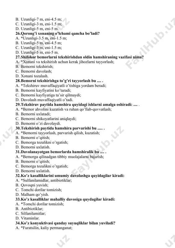 taufon; d. furatsillin, taufon. 35. nur sezish qobiliyati quyidagicha bo’ladi: ... . a. *to’g’ri, noto’g’ri, yo’q; b. to’g’ri, teskari; c. noto’g’ri, aralash; d. teskari, aralash. 36. to’r pardaning periferik qismi orqali ko’rish nima deyiladi? a. *periferik ko’rish; b. mrkaziy ko’rish; c. chala ko’rish; d. g’ilaylik. 37. ko’rish maydoni bu ..... . a. *harakatsiz ko’zning atrofni ko’ra olishi; b. ko’zning periferiyani ko’rishi; c. ko’zning markazni ko’rishi; d. ko’zning atrofni chala ko’rishi. 38. ko’rish maydoni qaysi asbob yordamida tekshiriladi? a. *perimetr; b. adaptometr; c. oftalmoskop; d. lupalar. 39. gemianopsiya nima? a. *ko’rish maydonining yarmi yo’qolishi; b. ko’rish maydoni to’liq yo’qolishi; c. ko’rishning xiralashishi; d. butunlay ko’rmaslik. 40. binokulyar ko’rish bu .... . a. *bir narsani ikkita ko’z bilan baravar ko’rish; b. bir narsani bitta ko’z bilan ko’rish; c. bir narsani ikkita ko’rish; d. chala ko’rish. 41. sokolov usuli bu ..... . a. *qo’l kaftida teshik ko’rinishi; b. ko’l kafti bilan ko’rish; c. …