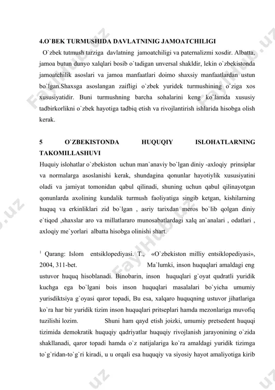 qi tizimida demokratik huquqiy qadriyatlar huquqiy rivojlanish jarayonining o`zida shakllanadi, qaror topadi hamda o`z natijalariga ko`ra amaldagi yuridik tizimga to`g`ridan-to`g`ri kiradi, u u orqali esa huquqiy va siyosiy hayot amaliyotiga kirib boradi. shu o`rinda yuridik bilimlar sohasidagi oddiy qoidni eslash lozim. huquqshunoslikda «huquq» so`zi ikki asosiy ma`noda: birinchidan, sub`ektiv huquq (individning, aniq sub`ektining yuridik imkoniyatlari, masalan, fuqaroning pensiya olish huquqi), ikkinchidan, ob`ektiv huquq (normalar tizimi – masalan, pensiya huquqi) ma`nolariga ega. shunday qilib, qachonki amaldagi yuridik tizim «inson huquqi»ga aylansa, shundagina inson huquqlari chinakam yuridik ahamiyatga va kuchga ega bo`ladi. foydalanilgan dabiyotlar 1.qur`onu karim t: “chulpon” 1992 yil 2. saidov a.x.hozirgi zamon asosiy huquqiy tizimlari.t., tdyui 2004 yil 428 b. 3.leonid syukiyaynen. islamskaya prava.m: 200 g 4. saidov a.x.hozirgi zamon asosiy huquqiy tizimlari.t., tdyui 2004 yil 428 b