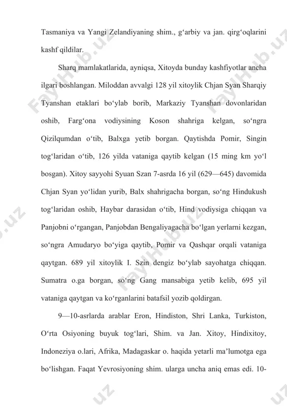 agi, axtuba orqali oltin oʻrda poytaxti saroy berkaga borgan. keyin xorazmga, buxoro, samarqandga oʻtgan. jan.ga burilib amudaryodan oʻtgan, hindukush togʻlaridan oshib, hind vodiysiga, panjobga, dehliga borgan. 1342 yil xitoyga bora turib jan. hindiston, shri lanka, maldiv o.lariga oʻtgan, undan xitoyga, tayvan o.ga borib, 1349 yil vataniga qaytgan. soʻng ispaniyaga borgan. niger daryosi oʻrta oqimiga, air, axaggar togʻliklariga (sahroi kabirda) borgan. hammasi boʻlib (quruqlikda va suvda) 130 ming km yoʻl bosgan. u sayohat qilgan mamlakatlar haqida muhim maʼlumotlar qoldirgan. turkistondan ham jahon geografiya faniga buyuk hissa qoʻshgan olim va sayyohlar chiqqan. bulardan muhammad ibn muso alxorazmiy "surat alarz" "yer tasviri" asarini yozgan, 7 iqlimga taʼrif bergan, 537 ta joy nomini yozib qoldirgan. abu rayhon beruniy 1016 yilda sharkda dastlabki geografik globusni yaratdi. yer aylanasini anik, oʻlchadi, dunyo haritasini tuzdi, gʻarbiy yarim sharda quruqlik borligini bashorat qiddi. nosir hisrav magʻrib shahriga, jan.da nubiya choʻli, makkagacha, sharkda moʻlton va lohur shaharlariga borgan, 15 …