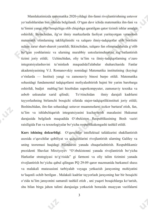 ti: oliy va o‘rta talim muassasalarida chiziqli algebra va analitik geometriya fanini o‘qitish jarayoni. kurs ishining predmeti: chiziqli algebra va analitik geometriya fanining o‘qitish metodlari va vositalari. kurs ishining vazifalari: 1.mavzuga doir ma’lumotlarini yig‘ish va rejani shakllantirish 2. affin va ortogonal almashtirishlar 3. affin va ortogonal almashtirishlarning ta’rifi va xossalari 1-§. affin almashtirishlarning ta’rifi va xossalari ap da ikki va penep berilgan bo’lsin. bu reperlar yordamida ap ning nuqtalari orasida shunday f moslik o’rnatamizki, ixtiyoriy nuqta b reperda qanday koordinatalarga ega bo’lsa, uning obrazi m' = f (m) nuqta b' reperda xuddi shunday koordinatalarga ega bo’lsii, ravshanki, bu moslik o’zaro bir qiymatli bo’lib, ap ni o’z-o’ziga o’tkazadi, demak, f biror almashtirishdir. 1-ta’rif. yuqoridagicha aniqlangan f almashgirish an ni affin almshtiriish deb ataladi. bu ta’rifdan ko’rinadiki, affin almashtirish bir jufg affin reperlarning berilishi bilan to’la aniqlanadi. endi affin almashtirishning qator xossalari bilan tanishaylik. 1°. f affin almashtirishda vektor shu fazoning biror …