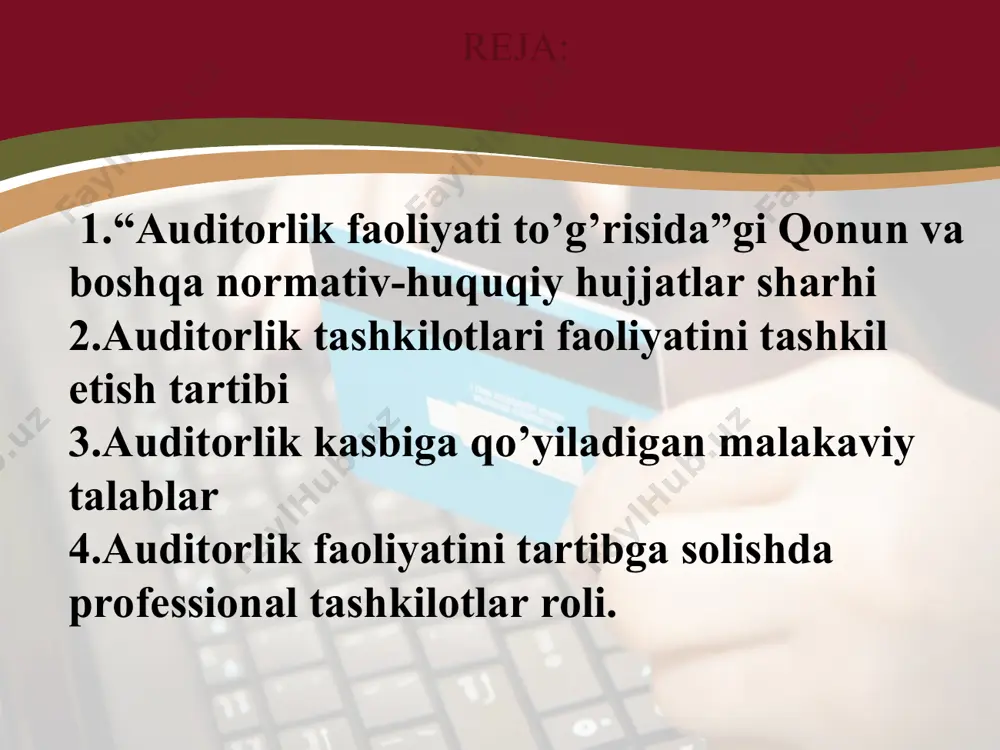 uchun kiritilgan qo’shimcha va o’zgartirishlar(145-modda 17-18-bandlar, 147-modda 7-band) va boshqalar. 3-pog’ona o’zbekiston respublikasi vazirlar mahkamasining qarorlari o’zbekiston respublikasi vazirlar mahkamasining “auditorlik faoliyati takomillashtirish va auditorlik tekshirishlarning ahamiyatini oshirish to’g’risida” 2000 yil 22 sentyabrdagi №365 sonli qarori, “xo’jalik yurituvchi sub’ektlarning xarajatlarini hisobga olish va moliyaviy natijalarini shakllantirish tartibini takomillashtirish to’g’risida” 2003 yil 15 oktyabrdagi №444 sonli qarori, “korporativ boshqaruv ilmiy-ta’lim markazining samarali faoliyatini ta’minlashga doir tashkiliy chora-tadbirlar to’g’risida” 2015 yil 27 oktyabrdagi №305 sonli qarori va boshqalar. 4-pog’ona moliyaviy hisobotning xalqaro standartlari va auditning xalqaro standartlari buxgalteriya hisobining xalqaro standartlari, moliyaviy hisobotning xalqaro standartlari. auditning xalqaro standartlari, auditor kasbiy etika kodeksi, ichki auditorlar instituti standartlari va boshqalar 5-pog’ona auditorlik tashkilotlarining ichki ishchi standartlari auditorlik tashkilotlarining ichki standartlariga qo’yilgan talablar, auditorlik tashkilotlarining ishchi standartlari, auditorlarning ishchi standartlari 10-modda. auditorlik faoliyati sohasidagi davlat siyosatining asosiy yo‘nalishlari auditorlik faoliyati sohasidagi davlat siyosatining asosiy yo‘nalishlari quyidagilardan iborat: auditorlik faoliyatini va auditorlik xizmatlari bozoridagi halol raqobatni …