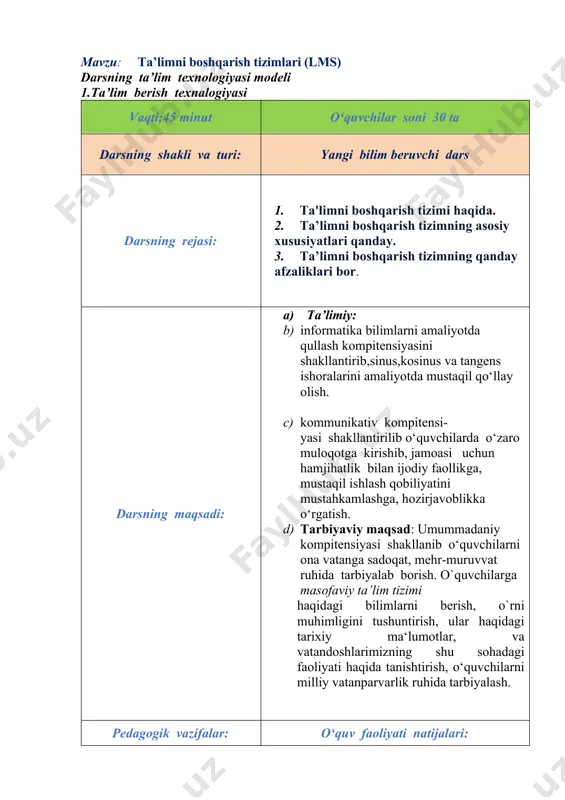 “matematik estafeta”, “sirli sandiq”,”beshinchisi ortiqcha” ta’lim shakli: frontal, jamoaviy va yakka tartibda ishlash. ta’lim vazifalari: darslik , ko‘rgazmalar, rasmlar, elektron vositalar . monitoring va baholash og‘zaki so‘rov: tezkor so‘rov va boshqalar amaliy mashg‘ulot. 2. darsning texnalogik xaritasi: ish bosqichlari va vaqti: faoliyat o‘qituvchi o‘quvchi 1-bosqich. o‘quv mashg‘ulotiga kirish (3 daqiqa) 1.1. mavzuning nomi, maqsad va kutilayotgan natijalarni yetkazish. mashg‘ulot rejasi bilan tanishtirish. 1.2. ma’naviy va siyosiy daqiqa o‘tkazish. bugungi kunda respublikamizda bo‘layotgan muhim voqealar haqida tushuncha berish. 1.3. o‘quv mashg‘uloti qoidalari va baholash mezonlari bilan tanishtirish. tinglaydilar. 2-bosqich. o‘tilganlarni takrorlash (7 daqiqa) 2.1. uy vazifasini baholash. 2.2. mustahkamlash. 2.1. uy vazifasi tekshirish boshqotirma ishlash, google class dastur tamg’asini toping va tagiga chizish oid estafeta”o‘tkaziladi 3-bosqich. asosiy (20 daqiqa) 3.1. o‘quvchilarga masofaviy ta’lim tizimi haqida va ularni aniqlash usullari haqida umumiy tushuncha berish. 3.2. elektron darslik va misollar yordamida tushuntirish 3.1. masofaviy ta’lim tizimi bilan tanishadilar. 3.2 zoom dasturida yangi mavzu …