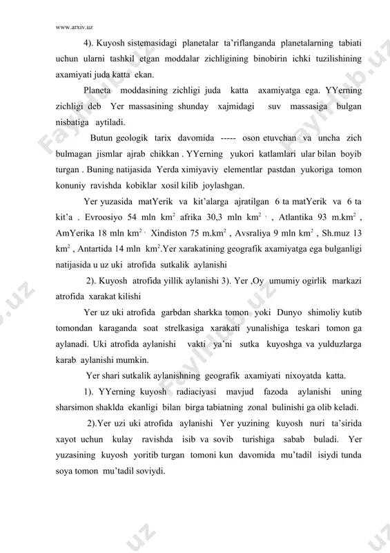 inatalar turini yaratishga ya’ni myeridian paralellar va ekvatorning utishiga imkon beradi. kutublarni tutashtiiruvchi chiziklar medianlar deb ataladi. median tekisligi gorizont tekisligiga tik tushadi. bu ikki tekislik kesishgan chizik tush chizigi deyiladi. 4). yyerning uz uki atrofida aylanishi asosiy vakt birligi bulgan sutka xosil kiladi va sutkalarni ikki asosiy kismga buladi. bular kun va tunga ajratiladi. sutka organik dunyo evolyuciya jarayonlari usimlik va xayvonlarning fiziologik faoliyati moslashib kolgan vakt birligidir. yyerning kuyosh atrofida aylanishi vaktning ikkinchi asosiy birligi yilni xosil kiladi. lekin yil fakat vakt xisobi birligi bulmay kupchilik tabiiy xodisalarning fasliy uzgarishi cikli xam xisoblanadi. yer yuzasi buyicha kuyidagi yoritish mintakalariga ajratilgan. 1). ekvatorial 2). tropik 3). subtropik 4). mu’tadil 5). kutbyoli 6). kutbiy va shu bilan 7 ta iklim mintakasi mavjud. 1. yyerning ichki tuzilishi. 2. iklim mintakalari yoritish mintakalari adabiyotlar: 1 gerasimov i p ekalogicheskie problem’ v prrshloy nostoyashiy ibudushey geografii mir m nauka 1985 2 izrael’ yu …