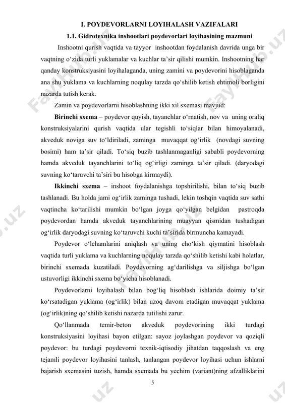 ishdagi) zichligi va namligi asosiy fizik ko‘rsatkichlar hisoblanadi. quruq holatdagi gruntning (grunt skeletining) zichligi, gruntning g‘ovakligi, g‘ovaklik koeffitsienti, namlanish darajasi va gruntning suvga to‘la to‘yingan holatdagi zichligi qo‘shimcha(hosilaviy) fizik ko‘ratkichlarga kiradi. loyihani bajarish uchun foydalaniladigan ko‘rsatkichlar quyidagi tartibda hisoblab chiqiladi: - gruntning g‘ovaklik koeffitsienti =2.74-1.49/1.495=0.88 - gruntning g‘ovakligi bu yerda ρs – grunt qattiq zarrachalarining zichligi; ρd – grunt skletining zichligi; - gilli gruntlarning konsistensiya ko‘rsatkichi =0.33-0.29/0.19=0.21 bu yerda wp – gruntning quyi plastiklik chegarasidagi namligi ip – gruntning plastiklik soni; wtab – qurilish maydonidagi gruntning tabiiy holatdagi namligi bo‘lib, quyidagicha aniqlanadi : =0.88*10/25.99=0.33 γs – grunt qattiq zarrachalarining solishtirma og‘irligi . ρs– grunt qattiq zarrachalarining zichligi; g – erkin tushish tezlanishi, g=9,81 m/s2 . suvga to‘yingan holatdagi gruntning solishtirma og‘irligi quyidagicha aniqlanadi: =34.5 bu yerda γd – grunt skletining solishtirma og‘irligi , ρd – grunt skletining zichligi; g – erkin tushish tezlanishi, g=9,81 m/s2 . suvga to‘yingan holatdagi gruntning …
