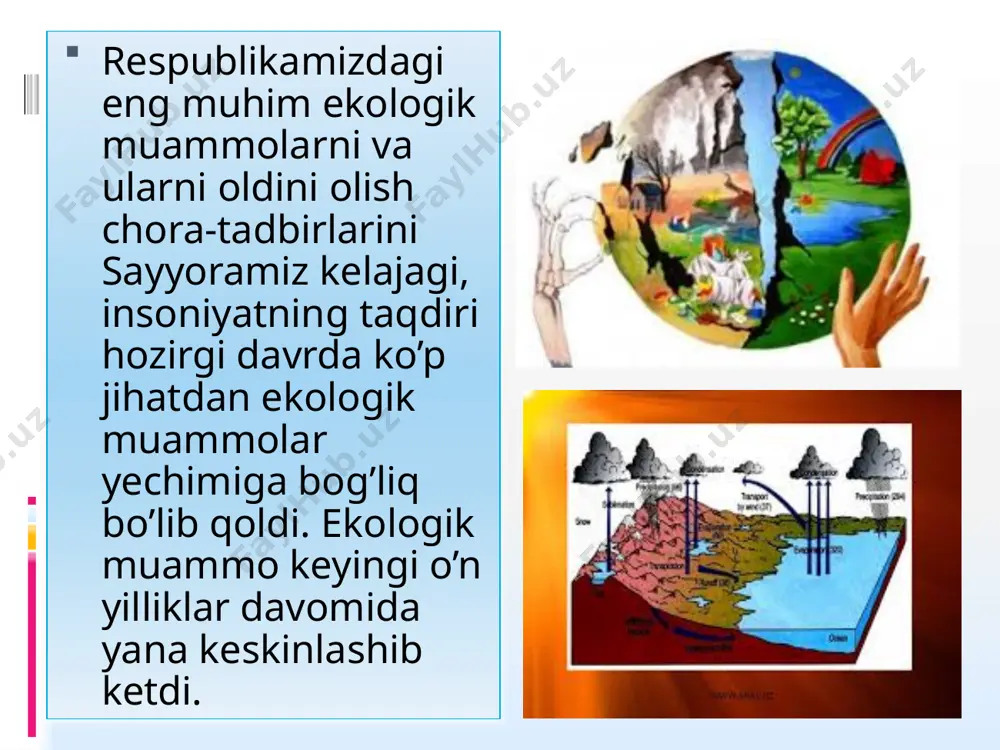 gina emas balki butun insoniyatning kelajak taqdiri yotibdi. uzoq yillar davomida eski ma’muriy buyruqbozlik tizimi sharoitida markaziy osiyi mintaqasidagi ekologik muammolarga e’tibor berilmadi. tabiatni muhofaza qilish tadbirlariga arzimas darajada kam mablag’ ajratilardi. bu mablag’ tabiatga yetkazilgan zararni also qoplamasdi. sobiq ittifoq zamonida atrof-muhit va atmosfera havosining ifloslanishi, toza ichimlik suvi yetishmasligi tashvishli hol ekani haqida bilib, bilmaslikga olindi. qonunlar rasmiyat uchun qabul qilinadiyu, ammo ular hayotga joriy etilmadi. sho’ro tuzumi davrida inson tabiatni o’z irodasiga bo’ysundirishi lozim degan soxta aqida uzoq yillar ustuvorlik qildi. natijada barcha hududlarda ekologik muvozanat qo’pol ravishda buzildi. mintaqamizda, shuningdek, o’zbekiston respublikasida ham tashvishlanarli ekologik vaziyatlar yuzaga keldi. o’zbekiston respublikasiga sobiq ittifoqdan, eski mustabid tuzumdan aytib o’tganimizdek paxta yakka hokimligi va boy mineral xom ashyo resurslaridan nazoratsiz, ayovsiz foydalanish asosiga qurilgan iqtisodiyot og’ir meros bo’lib qoldi. respublikamizga xom ashyo yetishtirib beradigan chekka o’lka sifatida qaraldi. mamlakatimizdan katta miqdorda yetishtirilgan paxta hosilining aksariyat hajmi tekinga tashib ketilar …