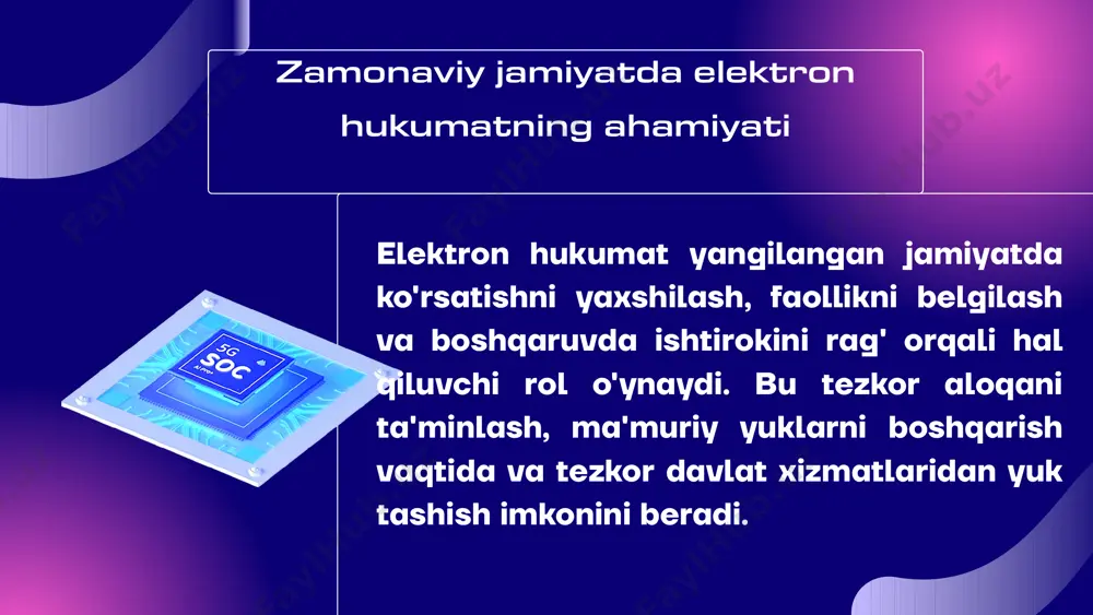 h zarurligini ta'kidlab, ularni himoya qiladi. kiberxavf tashvishlari kelajakdagida texnologiyaning roli blokcheyn va sun'iy intellekt kabi rivojlanayotgan texnologik hukumatni ingilobga tayyorlaydi. ush innovatsiyalar faoliyatini ko'rsatishni yaxshilash, faollikni oshirish va yozishning faolligini oshirish, hukumatni yanada samarali va mas'uliyatli qilish imkonini beradi. keyingi o'n yillik uchun bashoratlar kelgusi yil ichida elektron hukumat oʻrnatilgan koʻproq foydalanuvchilarga yoʻllangan boʻlib, foydalanish maʼlumotlariga moslashtirish uchun maʼlumotlar tahlilidan joʻnatish kutilmoqda. bundan tashqari, barcha demografik davlat xizmatlaridan etkazib berishni ta'minlash uchun kerakli inklyuziyaga ko'proq e'tibor qaratiladi. e`tiboringiz uchun rahmat image1.png image2.svg image3.png image4.png image5.svg image6.png image7.png image8.png image9.png image10.png image11.png image12.png image13.svg image14.png image15.png image16.png image17.svg image18.png image19.png image20.png image21.png image22.svg image23.png image24.png image25.svg image26.png image27.svg image28.png image29.png image30.svg image31.png image32.png image33.png image34.png image35.svg image36.png image37.svg image38.gif image39.png image40.svg image41.png image42.svg image43.png image44.svg image45.gif image46.png image47.svg image48.png image49.svg image50.gif /docprops/thumbnail.jpeg