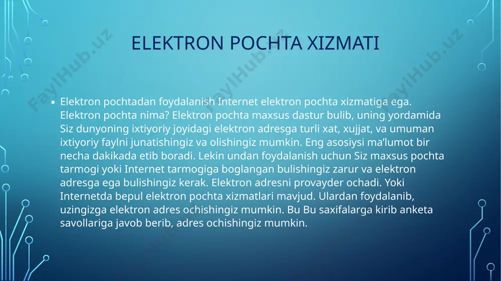 asosiy imkoniyatlari tarmoqqa ulangan kompyuterlar va axborot ashyolariga bogliq. tarmoqda axborotni ishlab chiqaruvchi va undan foydalanuvchi ob’ektlar tarmoq ob’ektlari deyiladi. tarmoq ob’ektlari alohida kompyuter, kompyuterlar kompleksi, ishlab chiqarish robotlari va boshqalar bolishi mumkin. axborotlarni territorial joylashuviga kora kompyu­ter tarmoqlarini uchta asosiy sinfga bolish mumkin: global tarmoqlar, regional (mintaqaviy) tarmoqlar, lokal (mahalliy) tarmoqlar. global kompyuter tarmoqlari turli mamlakatlarda, turli qit’alarda joylashgan abonentlarni birlashtiradi, yani global tarmoq – dunyoning ixtiyoriy davlatidagi kompyuterlarni ozida birlashtirish imkoniniga ega bolgan tarmoq. abonentlar orasida aloqa bunday tarmoqlarda telefon aloqa liniyalarda, radioaloqa va sputnik aloqa tizimlari asosida amalga oshiriladi. mintaqaviy kompyuter tarmoqlari bir-biridan ancha uzoqda joylashgan biror mintaqaga tegishli abonentlarni birlashtiradi. masalan, biror shahar ichidagi yoki iqtisodiy regionda yoki alohida bir mamlakatda joylashgan abonentlarni birlashtiruvchi tarmoq. lokal (mahalliy) tarmoq kichik bir hududda joylashgan abonentlarni birlashtiradi, yani lokal tarmoqlar bir binoda yoki bir – biriga yaqin binolarda joylashgan kompyuterlarda ozaro axborot almashish imkonini beruvchi tarmoq hisoblanadi. bunday tarmoq …