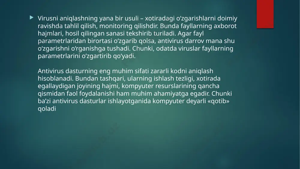 holatlarda samarali ishlay olmay qoladi. chunki ularning ishlash algoritmlari uzoq vaqt o‘zgarmay turadi, virus tuzuvchi «chaqqonlar» esa bu algoritmlarni yaxshigina o‘zlashtirib oladilar va antivirusga ko‘rinmaslikning ilojini topadilar. yangi chiqayotgan antiviruslar shu jihatdan avvalgilarga qaraganda foydaliroq bo‘lidi. chunki ularning ishlash algoritmlari ham yangilangan, zamonaviy viruslarni topishlari osonroq amaliy qism. eset nod 32 smart security ni o’rnatish. buning uchun dasturni o’rnatuvchi faylga 2 marta chertiladi: dastur turi tanlanadi: dastur o’rnatilyapti: dasturning bir qancha bo’limlar mavjud: shaxsiy kompyuternini tekshirish yangilanish sozlanmalar xizmat dasturlari so’rov va yordam himoya holati. e`tiboringiz uchun rahmat image6.jpeg image7.png image8.png image9.png image2.png image3.png image4.png image5.png