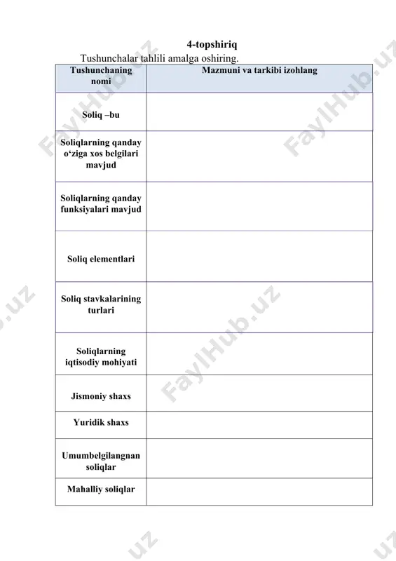 soliq turini ko‘rsating. a) bojxona boji b) daromad solig‘i s) qqs d) yer solig‘i №27. ishlab chiqarishda tannarxga kiritiladigan soliq qaysi? a) ijtimoiy soliq b) yer solig‘i s) mulk solg‘i d) foyda solig‘i №28. soliqqa tortish ob’ekti nima? a) daromadi, mol-mulki, faoliyati b) alohida daromadi s) joylashgan manzili d) stir ko’rsatgichi №29. soliq sub’ekti bu? a) daromadi, mol-mulki, faoliyati b) davlat hokimiyati organlari s) soliq nazorati xodimlari d) stir ko’rsatgichi №30. to‘g‘ri soliqlarga quydagilar kiradi: a) davlat boji, qqs b) foyda solig‘i s) qqs, bojxona boji d) aksiz solig‘i, qqs №31. mahalliy soliqlarga quydagilar kiradi: a) yer solig‘i, ijtimoiy soliq, qqs b) aksiz solig‘i, qqs, bojxona boji s) mol mulk hamda yer soliq d) foyda solig‘i, suv resurslaridan undiriladigan uchun soliq №32. 2017−2021 yillarda o‘zbekistonni rivojlantirish bo‘yicha harakatlar strategiyasining iqtisodiyotni rivojlantirish va liberallashtirish ustuvor vazifasida soliq tizimi bo‘yicha qanday vazifalar belgilangan? a) soliq tizimida soliq yukini kamaytirish, soddalshtirish, soliq tizimini …