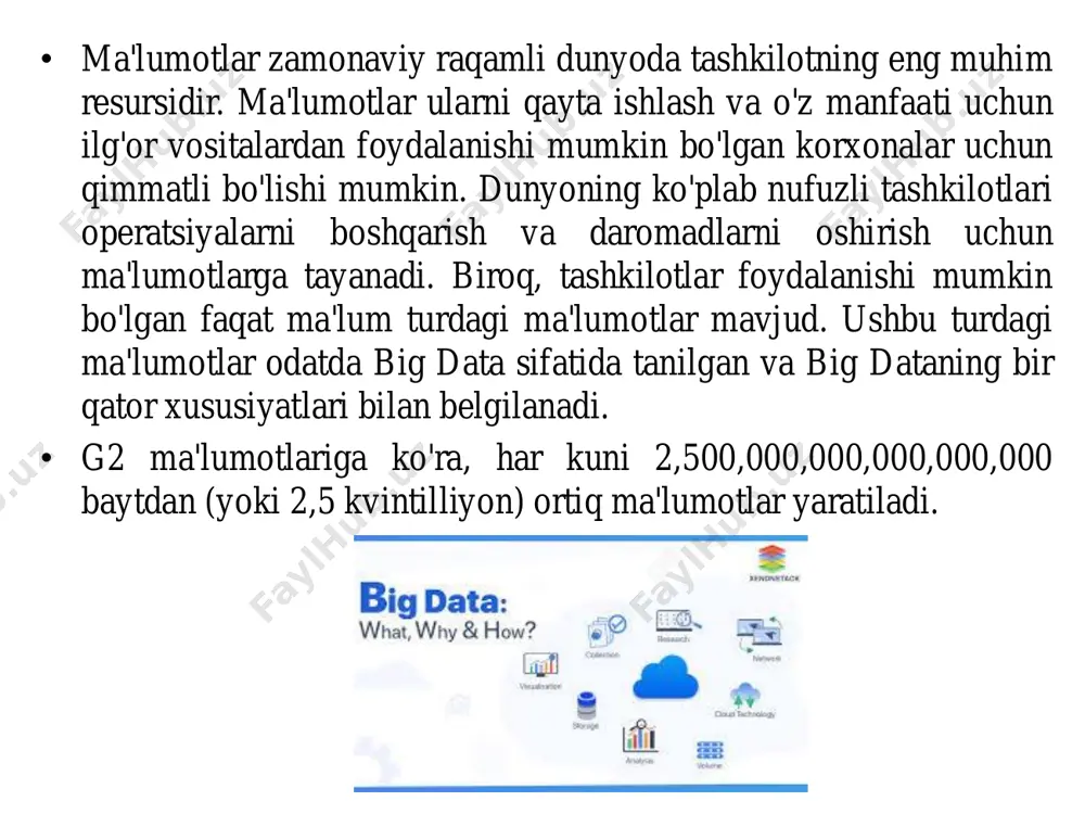 r uchun hal qiluvchi ahamiyatga ega bo'ldi. endi biz katta ma'lumotlar tahlilining asosiy xususiyatlarini, shuningdek uning asosiy tarkibiy qismlarini o'rganishga o'tamiz. • katta ma'lumotlarning xususiyatlari qanday? • katta ma'lumotlar tahlilining asosiy xususiyatlarini quyidagicha umumlashtirish mumkin: tezlik (velocity) tezlik katta ma'lumotlarning asosiy xususiyatlaridan biridir. katta ma'lumotlar kontekstida tezlik ma'lumotlarni yaratish, qayta ishlash va tahlil qilish tezligini anglatadi. texnologiyaning rivojlanishi va tizimlarning o'zaro bog'liqligi ortib borishi bilan ma'lumotlar misli ko'rilmagan tezlikda yaratiladi. ijtimoiy media yangilanishlari, sensorlar o'qishlari, onlayn tranzaktsiyalar va boshqa manbalar real vaqtda yoki real vaqtda qayta ishlashni talab qiladigan doimiy ma'lumotlar oqimini ishlab chiqaradi. yuqori tezlikdagi ma'lumotlar bilan ishlash qobiliyati tashkilotlarga o'zgaruvchan sharoitlarga tezda javob berishga va ma'lumotlarga asoslangan qarorlarni o'z vaqtida qabul qilishga imkon beradi. • hajmi (volume) • hajm - bu big dataning yana bir asosiy xususiyatlari. hajm katta ma'lumotlar sohasida ishlab chiqariladigan va to'planadigan katta hajmdagi ma'lumotlarni ifodalaydi. ma'lumotlarning katta miqyosi juda katta bo'lib, ko'pincha terabayt, petabayt …