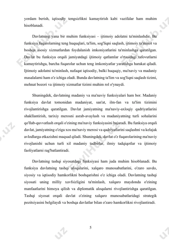 funksiya iqtisodiy boshqaruvni o'z ichiga oladi. davlat iqtisodiy resurslarni taqsimlash, sanoatni rivojlantirish, soliq siyosatini belgilash, infratuzilmani yaratish va mehnat bozorini boshqarish orqali iqtisodiy o'sishni ta'minlaydi. iqtisodiy funksiya, shuningdek, fuqarolarni ijtimoiy himoya qilish, tenglikni ta'minlash va mehnat resurslarini samarali boshqarishni nazarda tutadi. ijtimoiy adolatni ta'minlash ham ichki funksiyaning muhim qismidir. bu funksiya ta'lim, sog'liqni saqlash, ijtimoiy ta'minot va boshqa asosiy xizmatlardan foydalanish imkoniyatlarini barcha fuqarolarga teng taqdim etishni o'z ichiga oladi. davlat o'z fuqarolarining asosiy ehtiyojlarini qondirish, teng imkoniyatlar yaratish va ijtimoiy noxush holatlarni oldini olishga harakat qiladi. madaniy va ma'naviy rivojlanishni qo'llab-quvvatlash ham ichki funksiya sifatida muhim hisoblanadi. davlat jamiyatdagi ma'naviy qadriyatlarni shakllantirish, madaniyat va san'atni rivojlantirish, ilm-fan va ta'lim tizimini mustahkamlashga harakat qiladi. madaniy va ma'naviy qadriyatlarni saqlash, tarixiy merosni asrab-avaylash va kelajak avlodlarga etkazish davlatning asosiy vazifalaridan biridir. tashqi funksiyalar davlatning xalqaro maydondagi o'rni va aloqalarini tartibga soladi. bular orasida birinchi o'rinda xalqaro xavfsizlikni ta'minlash turadi. davlat o'zining …