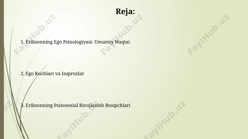 ib, insonning identifikatsiyasi va o'z-o'zini anglashini shakllantirishda muhim rol o'ynaydi. eriksonning psixososial rivojlanish bosqichlari eriksonning 8 ta psixososial bosqichi, har biri muayyan yosh oralig'iga to'g'ri keladi va muvaffaqiyatsizlikka olib kelishi mumkin bo'lgan, o'ziga xos inqirozlarni o'z ichiga oladi. identifikatsiya bosqichi (12-20 yosh) o'smirlar uchun juda muhim bo'lib, ular o'zlarining kimligini aniqlash va kelajakdagi rolini tanlashga harakat qilishadi, aks holda rol chalkashligi yuzaga keladi. eriksonning ego psixologiyasi ta'rifi eriksonning nazariyasi, freydning psixoseksual nazariyasidan farqli o'laroq, psixososial omillarga, ijtimoiy munosabatlarga va madaniy ta’sirlarga katta e’tibor beradi va shaxsning butun hayot davomida rivojlanishini o'rganadi. eriksonning ego psixologiyasi shaxsning 8 ta psixososial bosqich orqali rivojlanishini, har bir bosqichda muayyan inqiroz yuz berishini va bu inqirozlarni muvaffaqiyatli yengish orqali ego kuchining shakllanishini ta’kidlaydi. har bir bosqichdagi asosiy vazifalar va muvaffaqiyatsizliklar eriksonning 5-bosqichi (12-18 yosh) o'smirlik davrida asosiy vazifa identifikatsiya va rolni aniqlash bo'lib, muvaffaqiyatsizlikka uchragan taqdirda rol chalkashligi va identifikatsiya inqirozi yuzaga keladi. 2-bosqich (1.5-3 …