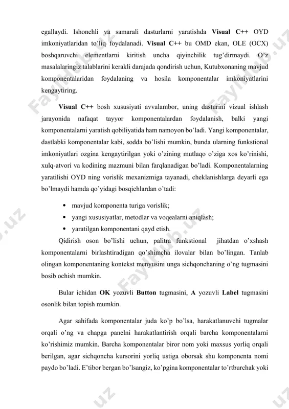 3-qadam. formaga 4 ta label komponetalari (misol berilishi, n , m lar va natija uchun) joylashtiriladi va label text xususiyatlari mos ravishda o’zgartirib chiqiladi; 4-qadam. formaga 1 ta datagridwiew komponetasi (misoldagi n va m o’lchovli massiv elementlarini chiqarish uchun) joylashtiriladi; 5-qadam. formaga button tugmachasi joylashtiriladi va nomi o’zgartiriladi. button1 tugmachasini 2 marta bosib, kodlar oynasida quyidagi kodlar teriladi: #include "iostream" #include "conio.h" #include "stdlib.h" #include "form2.h" int g,s; #pragma endregion private: system::void button1_click(system::object^ sender, system::eventargs^ e) { int n=convert::toint32(textbox1->text); int m=convert::toint32(textbox2->text); datagridview1->rowcount = n; datagridview1->columncount = m; int a[10][10]; int sum = 0; for(int i = 0; i rows[i]->cells[j]->value = convert::tostring(a[i][j]); if(a[i][j]%2==0) sum+=a[i][j]; } } label4->text="juftlari yig'indisi= " + sum.tostring(); } dastur natijasi quyidagi ko’rinishda bo’ladi: 1.8 – rasm. dastur oynasi. topshiriq. ma’ruza va amaliyot darslarida olingan ma’lumotlarga asoslanib, o’z variantingiz uchun quyidagilarni bajarinig. a) 1 jadvaldan o’z variantingizni ko’chirib oling; b) laboratoriya ishini bajarish uchun uslubiy ko’rsatma asosida o’z …