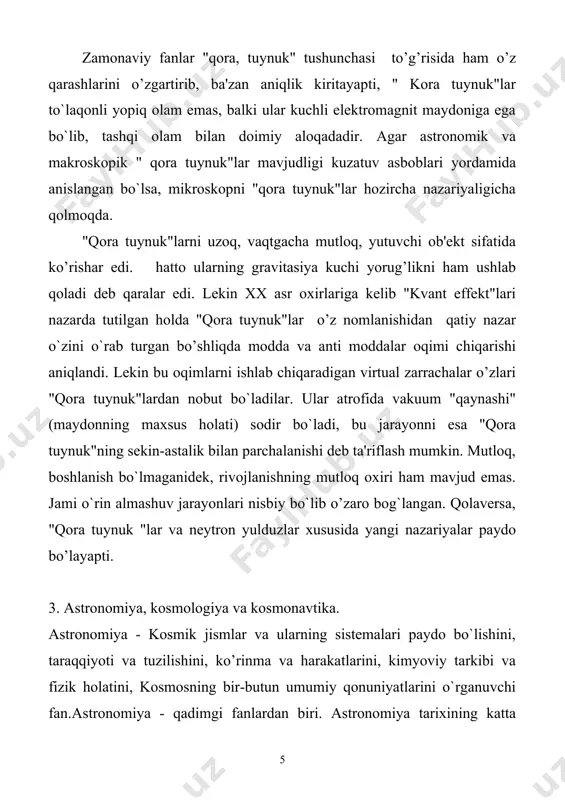 oti samarqand yaqiniga o’sha zamondagi eng mukammal asboblar bilan jihozlangan ulkan rasadxona qurgan ulug’bek nomi bilan bog’liq. rasadxonaning asosiy va eng katta asbobi radiusi 40,2 m.li faxriy sekstanta edi. samarqand astronomlari ulug’bek rahbarligida yozgan "ziji ko’ragoniy" yoki "ulugbek ziji" deb ataluvchi asosiy asar, ayniqsa, undagi 1018 yulduz vaziyati keltirilgan jadval dunyoga mashhur -"ulugbek ziji" asosan samarqand rasadxonasida olib borilgan kuzatishlar zaminida to`zilgan. ulug’bekning ko’zga ko’ringan safdoshlaridan g’iyosiddin jamshid koshiy yevropa olimlarining bir qancha kashfiyotlarini ulardan ancha ilgari ko’ra bilgan. samarqand rasadxonasida ulug’bekning ustozi, sharqda "o’z davrining aflotuni" nomi bilan mashhur salohiddin muso ibn muhammad qozizoda rumiy, "o’z davrining ptolemeyi" nomini olgan ali qushchining xizmatlari katta. samarqand olimlarining asarlari yevropada 1948 yildan chop qilinib kelmoqda. astronomiya xx asrda shiddat bilan taraqqiy etdi. chunki, bu davrda kuzatish texnikasi nihoyatda murakkablashdi (yangi-yangi teleskoplar, reflektorlar, nurlarni qabul qiluvchi antenalar va boshqalar ). astronomiya turli bo`limlardan iborat: astronomiya, radioastronomiya, osmon mexanikasi, yulduzlar astronomiyasi, kosmogoniya va …