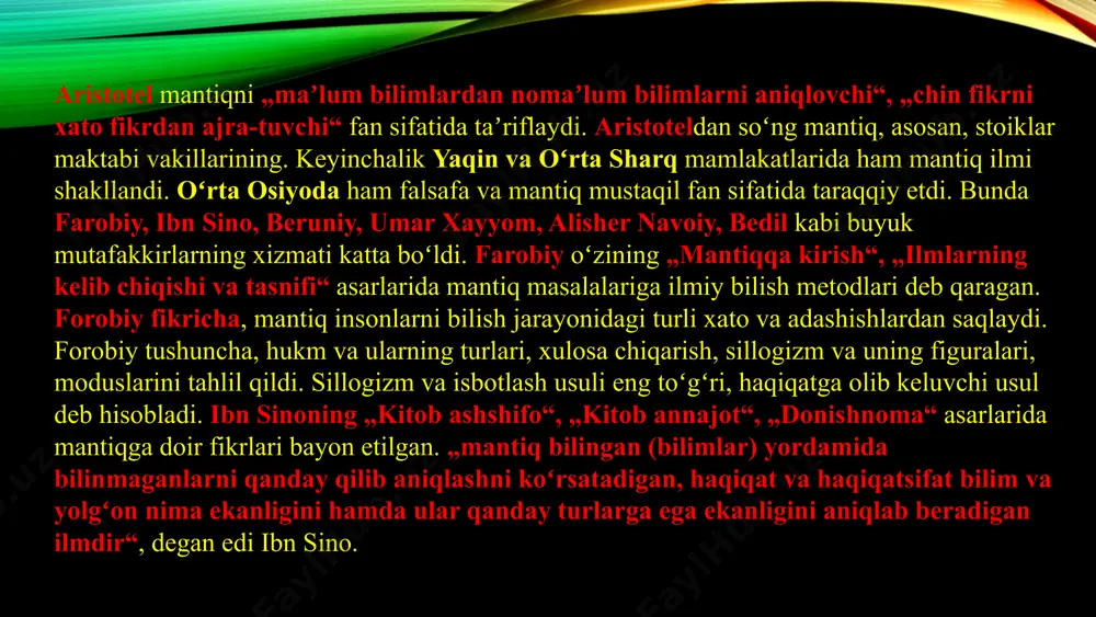 iqlaydi, hosil qilingan hukmlar, tushunchalar, xulosalar chin yoki chin emasligini belgilab oladi. tushuncha: tafakkurning asosiy elementi tushunchaning mohiyati tushuncha - bu narsa yoki hodisaning umumiy va muhim belgilarini aks ettiruvchi tafakkur shaklidir. u bizga dunyoni kategoriyalarga ajratish va uni tartibga solish imkonini beradi. tushunchalar orqali biz ob'ektlar va voqealar o'rtasidagi o'xshashlik va farqlarni aniqlaymiz. tushunchaning turlari tushunchalar umumiy, yakka va xususiy bo'lishi mumkin. umumiy tushunchalar bir nechta ob'ektga tegishli bo'lgan belgilar to'plamini aks ettiradi. yakka tushunchalar esa faqat bitta ob'ektni ifodalaydi. xususiy tushunchalar esa ma'lum bir guruhga tegishli bo'lgan ob'ektlarni aks ettiradi. 6 hukm: tafakkurning tasdiqlovchi shakli 1 hukmning tuzilishi hukm - bu narsa yoki hodisa haqida biror narsani tasdiqlaydigan yoki inkor etadigan tafakkur shaklidir. u sub'ekt (hukm qilinayotgan narsa) va predikatdan (sub'ektga tegishli bo'lgan belgi) iborat. hukmlar rost yoki yolg'on bo'lishi mumkin. 2 hukmning turlari hukmlar tasdiqlovchi, inkor etuvchi va modal bo'lishi mumkin. tasdiqlovchi hukmlar sub'ektga biror belgi tegishli …