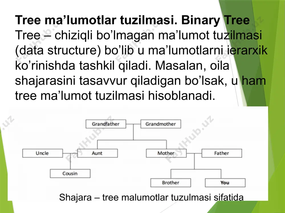 blings 4.e, f, h, i va j – leaves binary tree tree node’lari bo’lmasligi yoki bitta va undan ko’p bo’lishi mumkin. binary tree‘da node’lar ikkitadan ko’p bo’lmaydi. har bir node’da chap va o’ng node bo’lishi mumkin. binary tree node’lari asosan 3 turdagi ma’lumotlarni o’zida saqlaydi: 1.node’ning qiymati (value) 2.chap child’ga ko’rsatkich (pointer) 3.o’ng child’ga ko’rsatkich (pointer) binary tree turlari dasturlashda asosan binary tree ko’p ishlatiladi. uning bir necha turlari bor: full binary tree. har bir node 0 yoki 2 children node’ga ega bo’lgan binary tree. full va full bo’lmagan binary tree. binary tree’ning ohirgi darajasidan tashqari qolgan har bir darajasi tugallangan bo’lsa, u complete binary tree deyiladi . perfect binary tree. agar barcha internal node’larda ikkitadan child bo’lsa va barcha external childlar bir darajada bo’lsa, demak u perfect binary tree bo’ladi. balanced binary tree. agar binary tree’ning uzunligi (height) o(log n) bo’lsa, balanced binary tree deyiladi. bunda n – tree’dagi …
