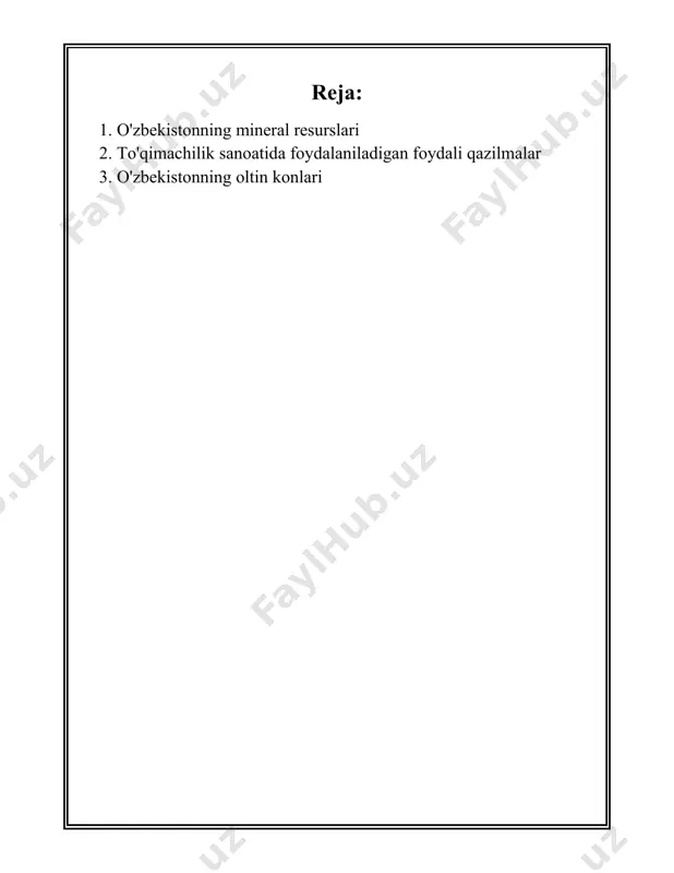 on ko'mir konlari ham mavjud bo'lib, angren ko'mir koni mamlakatda eng yirik hisoblanadi. ko'mir asosan energetika sohasida qo'llaniladi. 8. **fosforitlar**: fosforitlar mamlakatning surxondaryo viloyati va boshqa hududlaridayam uchraydi. fosforitlar o'g'itlar ishlab chiqarishda qo'llaniladi. 9. **volfram va molibden**: bu qimmatbaho metallarni qazib olish ekonomika uchun muhim hisoblanadi. bundan tashqari, ular yuqori texnologiyali mahsulotlar ishlab chiqarishda qo'llaniladi. 10. **litiyning zaxiralari**: o'zbekiston litiyning kashf qilinishi bilan dunyo miqyosida e'tiborga tushdi, chunki litiyning muhimligi elektr transport vositalari va energiya saqlash tizimlari sohasida oshmoqda. o'zbekistonning mineral resurslari mamlakat iqtisodiyotida katta ulushga ega bo'lib, resurslar eksporti davlat budjetining sezilarli qismini tashkil etadi. shu bilan birga, tog‘-kon sanoatining rivojlanishi barqaror rivojlanish va ekologik xavfsizlik yo‘nalishlarida ham muhim hisoblanadi. 2. to'qimachilik sanoatida foydalaniladigan foydali qazilmalar to'qimachilik sanoatida foydalaniladigan foydali qazilmalar haqida quyidagi ma'lumotlar keltiriladi: 1. **kalsit (kaltsiy karbonat - caco₃)**: kalsit to'qimachilik sanoatida asosan bo'yoqlar va pigmentlar ishlab chiqarishda qo'llaniladi. u to'qimalarning rangi va barqarorligini oshirish uchun ishlatiladi. …