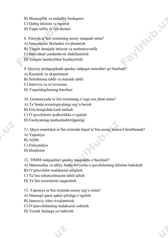 hisoblanadi? a) yaponiya b) aqsh c) finlyandiya d) hindiston 12. timss tadqiqotlari qanday maqsadda o‘tkaziladi? a) matematika va tabiiy fanlar bo‘yicha o‘quvchilarning bilimini baholash b) o‘qituvchilar malakasini aniqlash c) ta’lim infratuzilmasini tahlil qilish d) ta’lim resurslarini taqqoslash 13. yaponiya ta’lim tizimida asosiy urg‘u nima? a) mustaqil qaror qabul qilishga o‘rgatish b) jamoaviy ishni rivojlantirish c) o‘qituvchilarning malakasini oshirish d) texnik fanlarga yo‘naltirish 14. xalqaro ta’lim sifatini baholashda qanday ko‘rsatkich muhim? a) o‘quvchilarning savodxonlik darajasi b) moliyaviy xarajatlar c) maktab soni d) davlat boshqaruv modeli 15. qiyosiy pedagogika fanining nazariy asosi qaysi fanlarga tayanadi? a) sotsiologiya, tarix, falsafa b) biologiya va fizika c) iqtisodiyot va matematika d) informatika va texnika 16. finlyandiya ta’lim tizimining asosiy o‘ziga xosligi nimada? a) maktablarda intizomni kuchaytirish b) tizimli imtihonlarni bekor qilish c) o‘qituvchilarni yuqori malakali tayyorlash d) erkin va ijodiy ta’limga urg‘u berish 17. qiyosiy pedagogika bo‘yicha tadqiqotlarda ko‘p qo‘llaniladigan yondashuv qaysi? a) tarixiy solishtirma …
