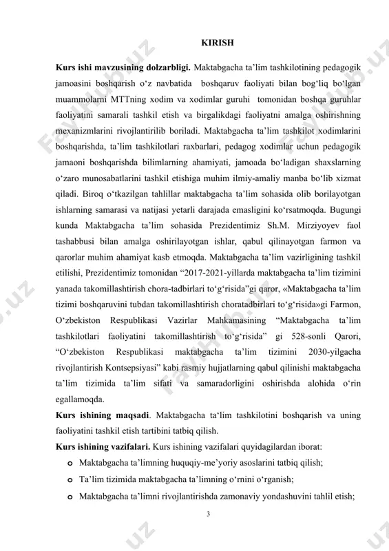 yoriy asoslari maktabgacha ta’lim sohasi uzluksiz ta’lim tizimining birlamchi bo‘g‘ini hisoblanib, u har tomonlama sog‘lom va barkamol bola shaxsini tarbiyalash va maktabga tayyorlashda g‘oyat muhim ahamiyat kasb etadi. mustaqillik yillarida respublikada ta’lim-tarbiya tizimi va barkamol avlodni tarbiyalash davlat siyosatining asosiy ustuvor yo‘nalishlari darajasiga ko‘tarildi. biroq, o‘tkazilgan tahlillar maktabgacha ta’lim sohasida olib borilayotgan ishlarning samarasi va natijasi yetarli darajada emasligini ko‘rsatmoqda. jumladan, so‘nggi 20 yil davomida davlat tasarrufidagi maktabgacha ta’lim tashkilotlari soni 45 foizdan ziyodroq kamaygan bo‘lib, bugungi kunda respublika bo‘yicha bolalarning maktabgacha ta’lim bilan qamrab olinishi 30 foizni tashkil etadi. shuningdek, maktabgacha ta’lim tashkilotlarining moddiy-texnika bazasi zamonaviy talabga javob bermaydi. maktabgacha ta’lim tizimida variativ dasturlar joriy etilmagan, bolalarni maktabga tayyorlash bo‘yicha muqobil, moslashuvchan modellar yetarli darajada rivojlanmagan hamda taraqqiy etgan mamlakatlar singari ijtimoiy, shaxsiy, hissiy, nutqiy, matematik, jismoniy va ijodiy rivojlantirish, atrof muhit bilan tanishuvga yo‘naltirilgan maxsus davlat ta’lim dasturlari tatbiq qilinmagan. davlat maktabgacha ta’lim tashkilotlarida faoliyat yuritayotgan pedagog kadrlarning …