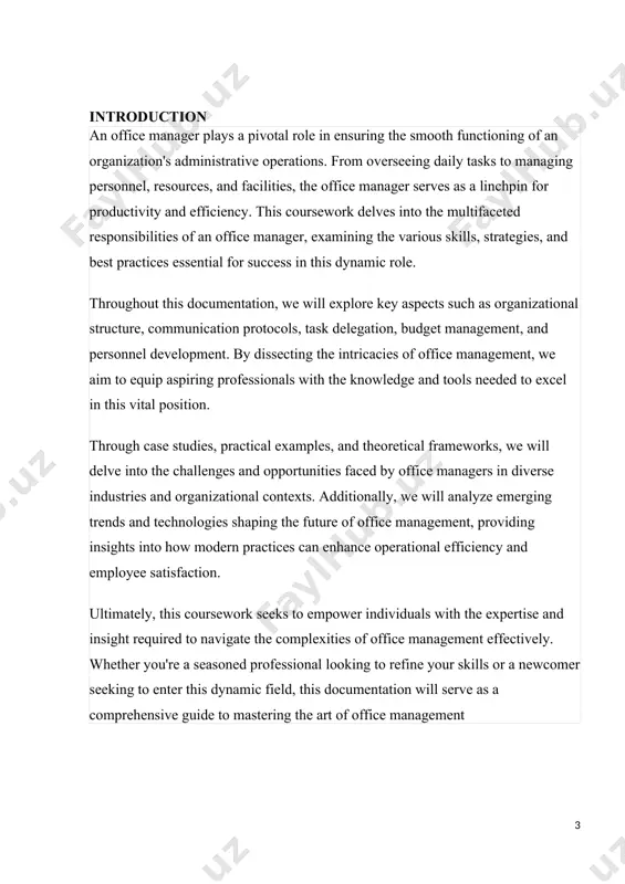 ting, budget management, purchasing approvals, and reimbursement processes. include guidelines for handling petty cash and managing financial records. training materials: provide training materials and resources to support employee learning and development. this may include tutorials, job aids, and reference materials for specific tasks or software applications. updates and revisions: establish a process for updating and revising the manual to ensure that it remains current and relevant. encourage employees to provide feedback and suggestions for improvement. by creating an office procedures manual, the office manager helps promote consistency, efficiency, and compliance within the workplace, ultimately contributing to the smooth operation of the office environment. employee handbook developing an employee handbook is essential for any organization, as it serves as a central repository for company policies, procedures, and guidelines. here's a detailed breakdown of what an employee handbook may include: 1. introduction: start with an introductory section that welcomes employees to the …