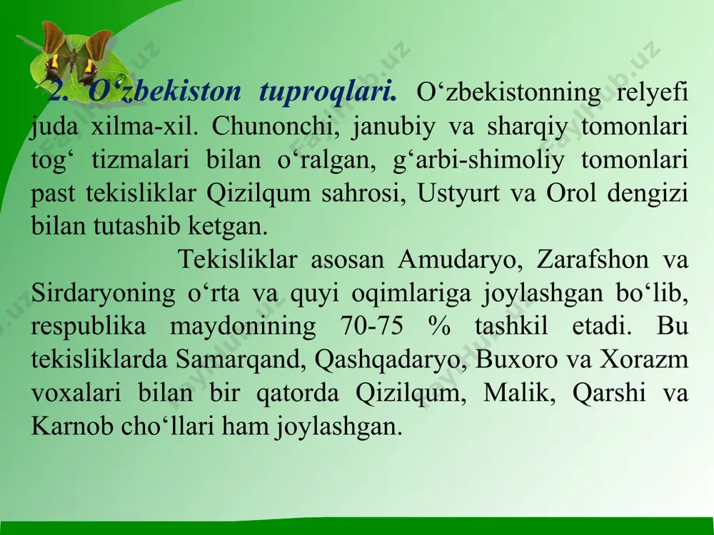 proqlar mintaqasi o‘tloqi tuproqlari och qo‘ng‘ir tusli baland tog‘ tuproqlari och tusli qo‘ng‘ir tuproqlar dengiz sathidan 3000-3300 m balandlikdan boshlanib, baland tog‘larda tarqalgan. ular ko‘proq elyuviy va delyuviy yotqiziqlaridan rivojlangan, eroziyaga uchragan va yirik skeletli bo‘lib, yer yuzasiga chiqib qolgan ona tog‘ jinslari bilan birgalikda uchraydi. mayda zarrachali - toshloq qatlamining qalinligi odatda kichikroq, 2 m dan kam holatlarda ortadi. chirindi (gumus) qatlami 30-60 sm. shimoliy qiyalikdagi (ekspozitsiya) mayda zarrachali tuproqlarning chimli qatlamida gumus miqdori 4-6 % gacha yetadi, janubiy qiyaliklardagi shag‘alli tuproqlarda chim qatlami uchramaydi. yuqori qatlamlaridagi gumus miqdori 2-3 % dan oshmaydi. bu yerlar yozgi chorvachilik yaylovlari sifatida foydalaniladi. iqlimning o‘ta noqulayligi bois dehqonchilik uchun yaroqsiz. jigarrang va qo‘ng‘ir o‘rta tog‘ tuproqlari jigarrang tuproqlar asosan o‘rta va past balandlikdagi tog‘larda dengiz sathidan 1200-1600 m balandlikda tarqalgan. ular elyuvial, delyuvial va tosh - shag‘al prolyuvial yotqiziqlarda rivojlangan. mayda tuproqli yoki tosh - mayda tuproqli qatlamining qalinligi bir necha metrga …