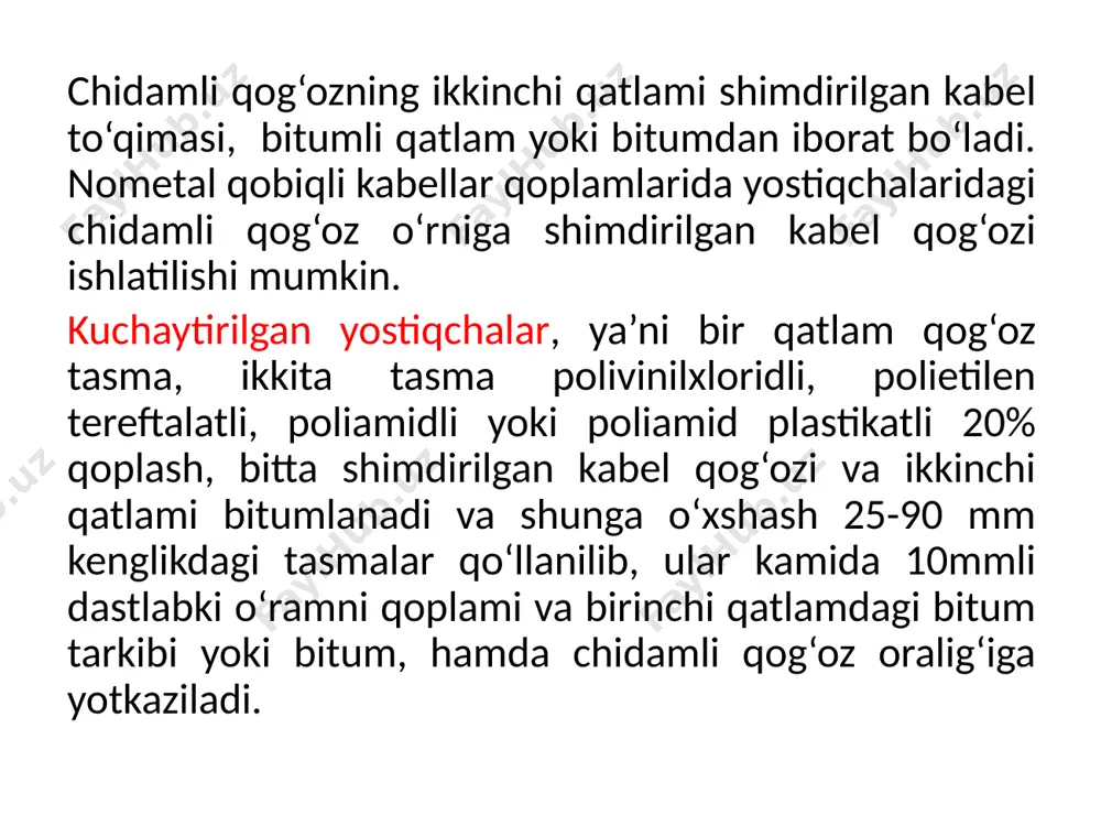 an)da bajarilganini ifodalaydi. belgilash quyidagi misollar bilan izoxlanadi: mis simi kesim yuzasi 95mm2 shimdirilgan qog‘oz izolyasiyali, qo‘rg‘oshin qobiqli, po‘lat tasmada zirxlangan, tashqi himoya qoplamali nominal kuchlanishi 10 kv sb 3 x 95 – 10. .9. kabel tayyorlash texnologiyasi. kabel ishlab chiqarish texnologiyasi quyidagi bosqichlardan iborat: cho’zish. tok o'tkazish simi - alyuminiy yoki mis materialdan iborat bo’lib, cho’zish usulidan foydalaniladi. issiqlik bilan ishlov berish. metallning qattiqlashishini olib tashlash va uning oqibatlarini bartaraf etish uchun issiqlik bilan ishlov berish qo'llaniladi. burash. tok o'tkazish simlari bir simga o'ralgan bo’ladi. u "streng" deb ataladi. buning uchun turli barabanlardan sim burama mashinasiga beriladi. keyin polietilen granulalari yoki boshqa izolyatsiya materiallari suyuq holatga qadar eritiladi. tok o'tkazish simi maxsus ekstruderdagi aralashmaga botiriladi.o'tkazuvchanlik darajasi, izolyator tok o’tkazmayaptimi, sim qalinligi va boshqalar tekshiriladi.tayyor tok o'tkazish simlari maxsus jihozlar yordamida g’altakka o'raladi.bundan tashqari, sizga qanday kabel kerakligiga qarab, burama mashinasi yordamida tok o'tkazish simlari bir-biriga o'raladi. oxirgi bosqich - …