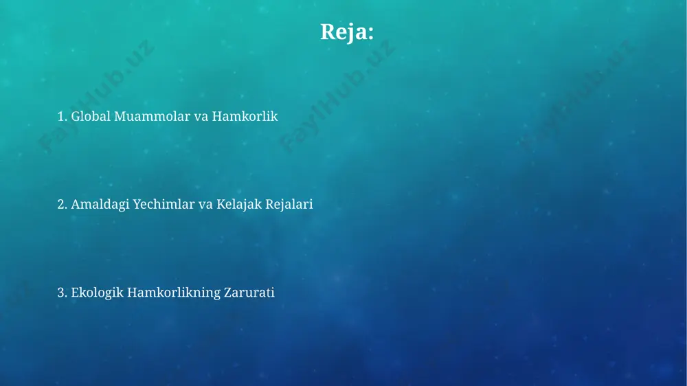 ng 15 tasi markaziy osiyo mamlakatlaridan iborat, bu mintaqaviy ekologik hamkorlikning muhim jihatini aks ettiradi. parij kelishuvi (2015) global isishga qarshi kurashishda 190 dan ortiq mamlakatlarning ishtirokini talab qiladi, bu esa iqlim oʻzgarishiga qarshi kurashishda xalqaro hamkorlikning dolzarbligini koʻrsatadi. bioxilma-xillikni saqlash markaziy osiyo mamlakatlari oʻrtasida bioxilma-xillikni saqlash boʻyicha hamkorlikni kuchaytirish maqsadida 2024-yilga qadar 5 ta qoʻshma loyiha amalga oshiriladi, bu esa 10000 gektardan ortiq hududni qamrab oladi. qashqadaryo viloyatidagi 3000 gektar maydonni qamrab olgan "zomin" qoʻriqxonasi bioxilma-xillikni muhofaza qilish boʻyicha muhim rol oʻynaydi, 150 dan ortiq noyob qush va sutemizuvchi turlari shu yerda yashaydi. fuqarolik jamiyatining roli фуқаролик жамияти ташкилотларининг 20 дан ортиқ экологик лойиҳалари ўзбекистоннинг 5 та вилоятида, хусусан, фарғона водийсида амалга оширилиб, 1000 дан ортиқ кишининг иштирокини таъминламоқда. тошкент шаҳридаги 3 та нодавлат нотижорат ташкилотларининг биргаликдаги саъй-ҳаракатлари натижасида 5000 дан ортиқ дарахт экилиб, ҳаво сифатини яхшилашга ҳисса қўшди. tabiiy resurslarni boshqarish orol dengizi havzasidagi suv resurslarini samarali boshqarish …